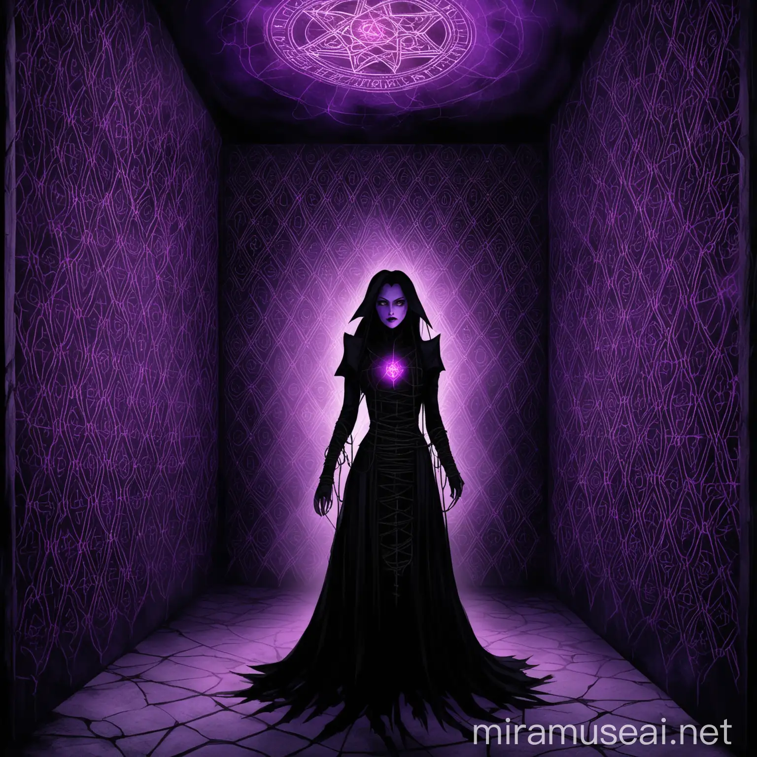 The walls are filled with Enochian patterns, and purple light is emitted from them.
Dracula, dressed in black, is distressed because she is trapped in a bondage.