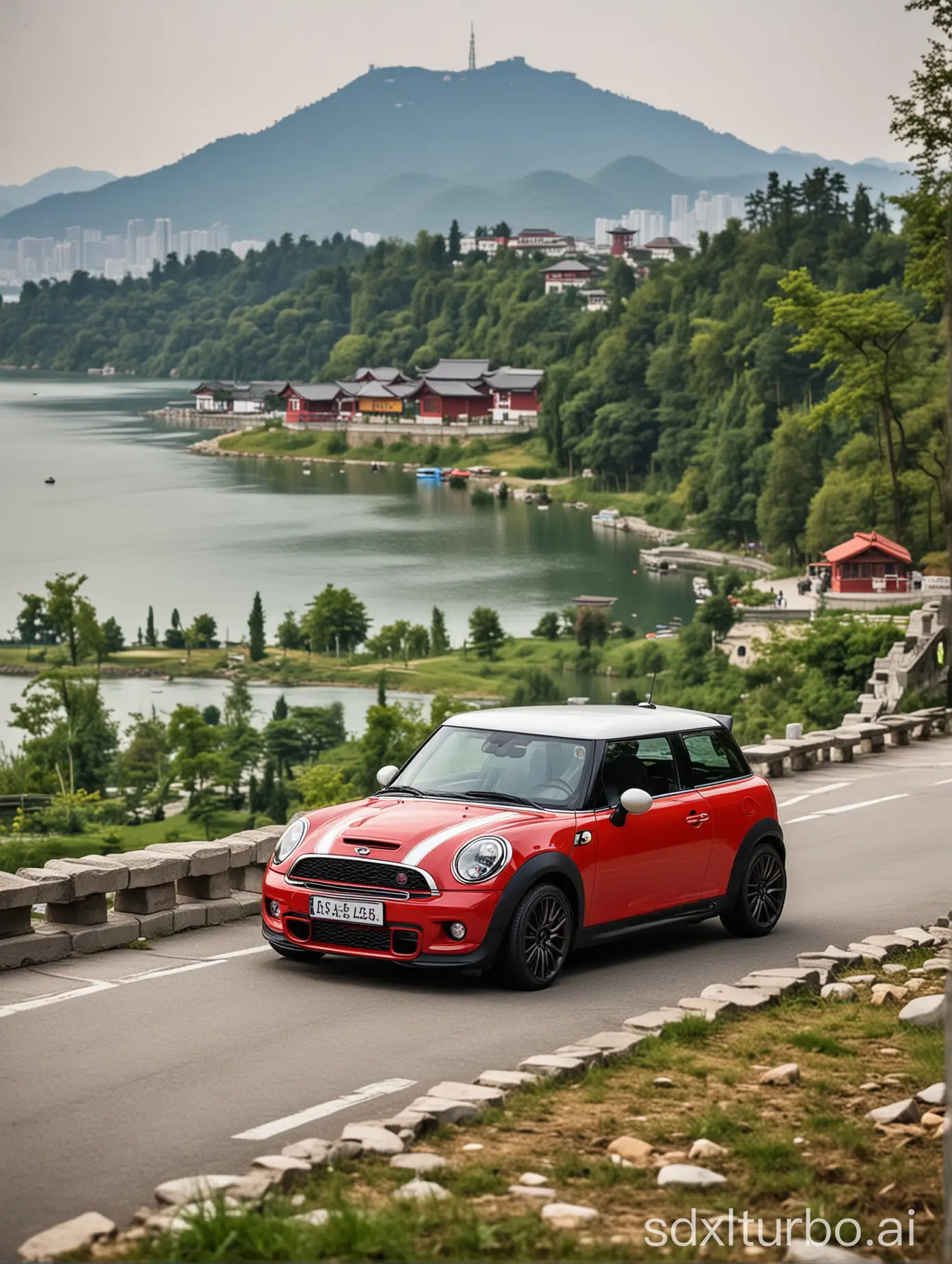 mini cooper s r56, cartoon image, red body, white roof, white wheels, 45-degree angle to the left front, with Hangzhou West Lake in the background