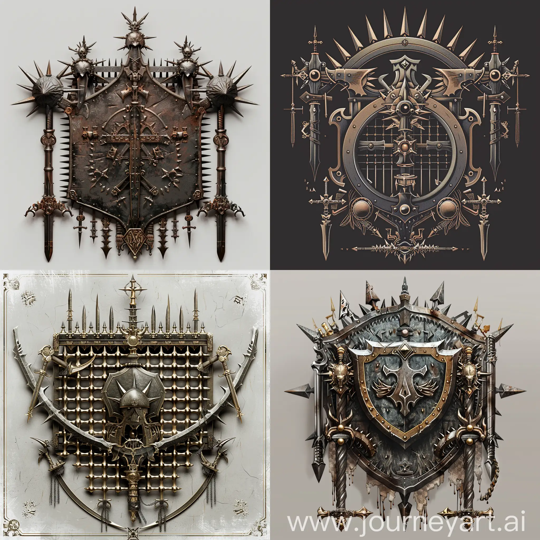 создай герб для фентези-королевства, на котором изображена шипастая металлическая решетка и оружие