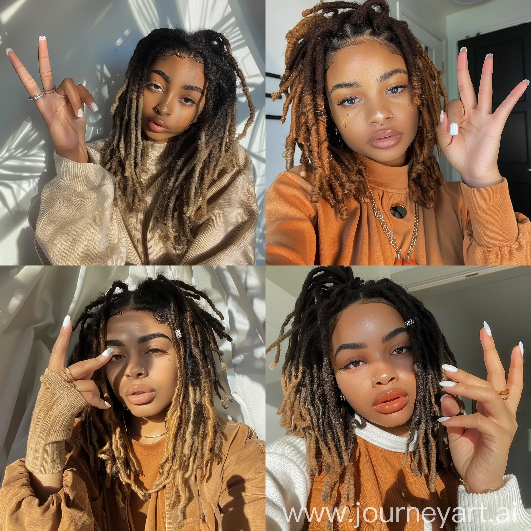 Aesthetic instagram selfie of a black teenage influencer with ombre dreadlocks, one hand up, showing off white gel nail polish, soft brown clothing color tones--ar 9:16