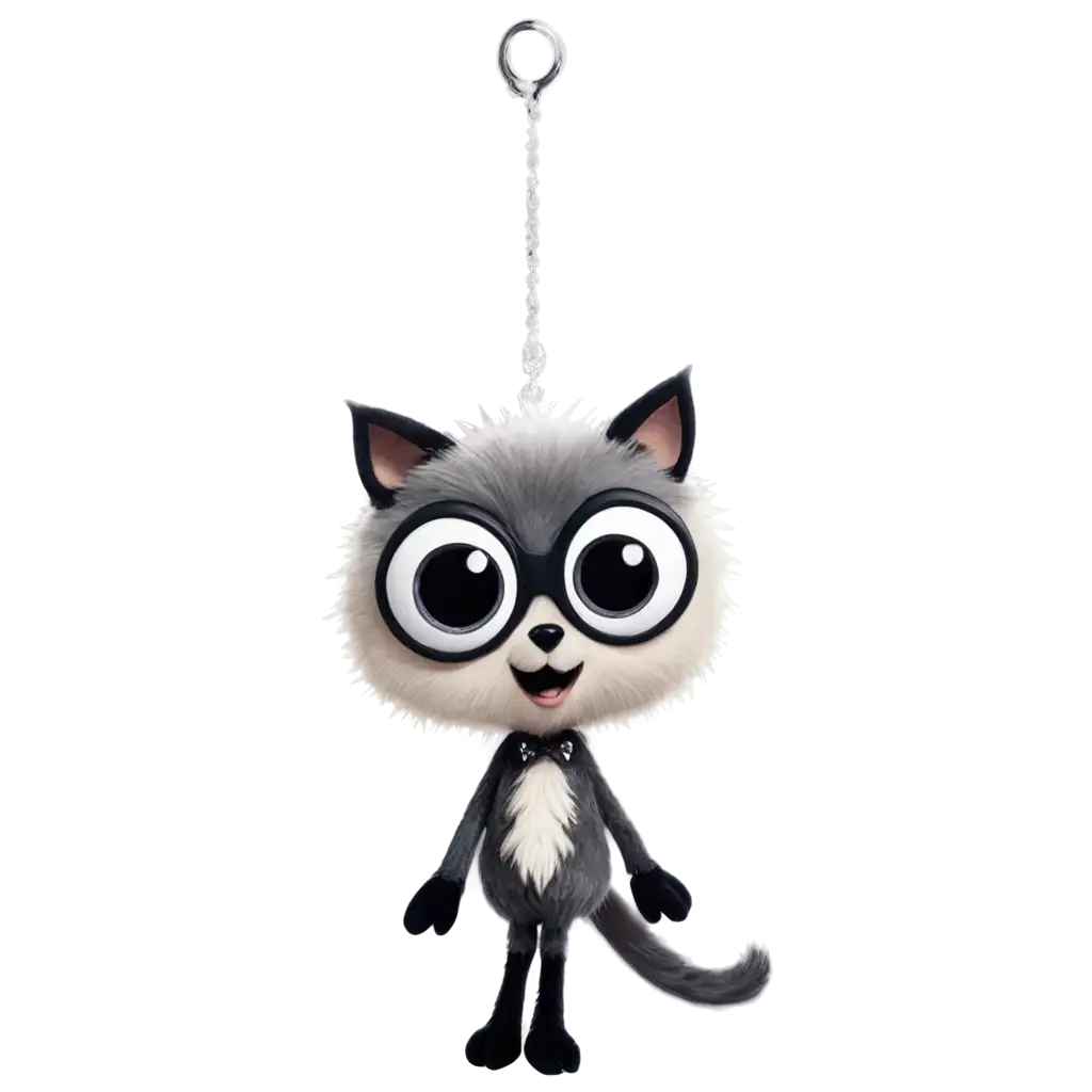 fuffy creature with big eyes wearing shiney pants hanging by its tail