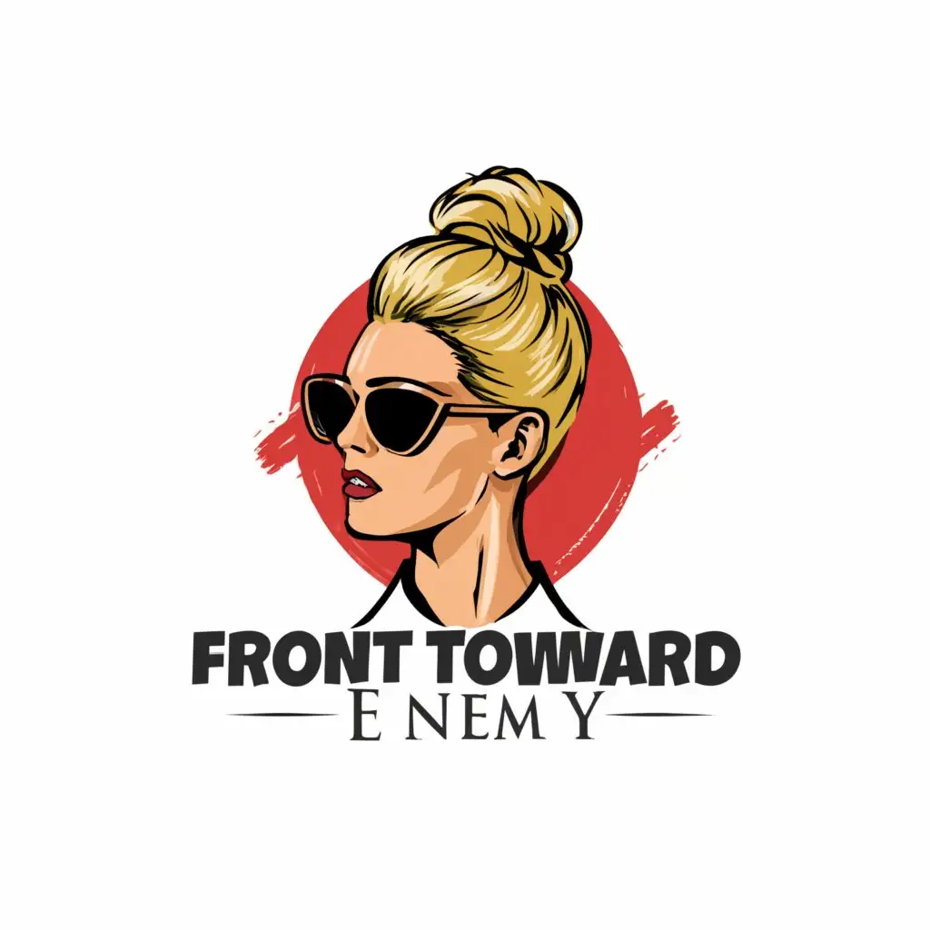 a logo design,with the text "Front Toward Enemy", main symbol:girl head blonde, high bun hairstyle, wearing sunglasses on forehead,Moderate,be used in Entertainment industry,clear background