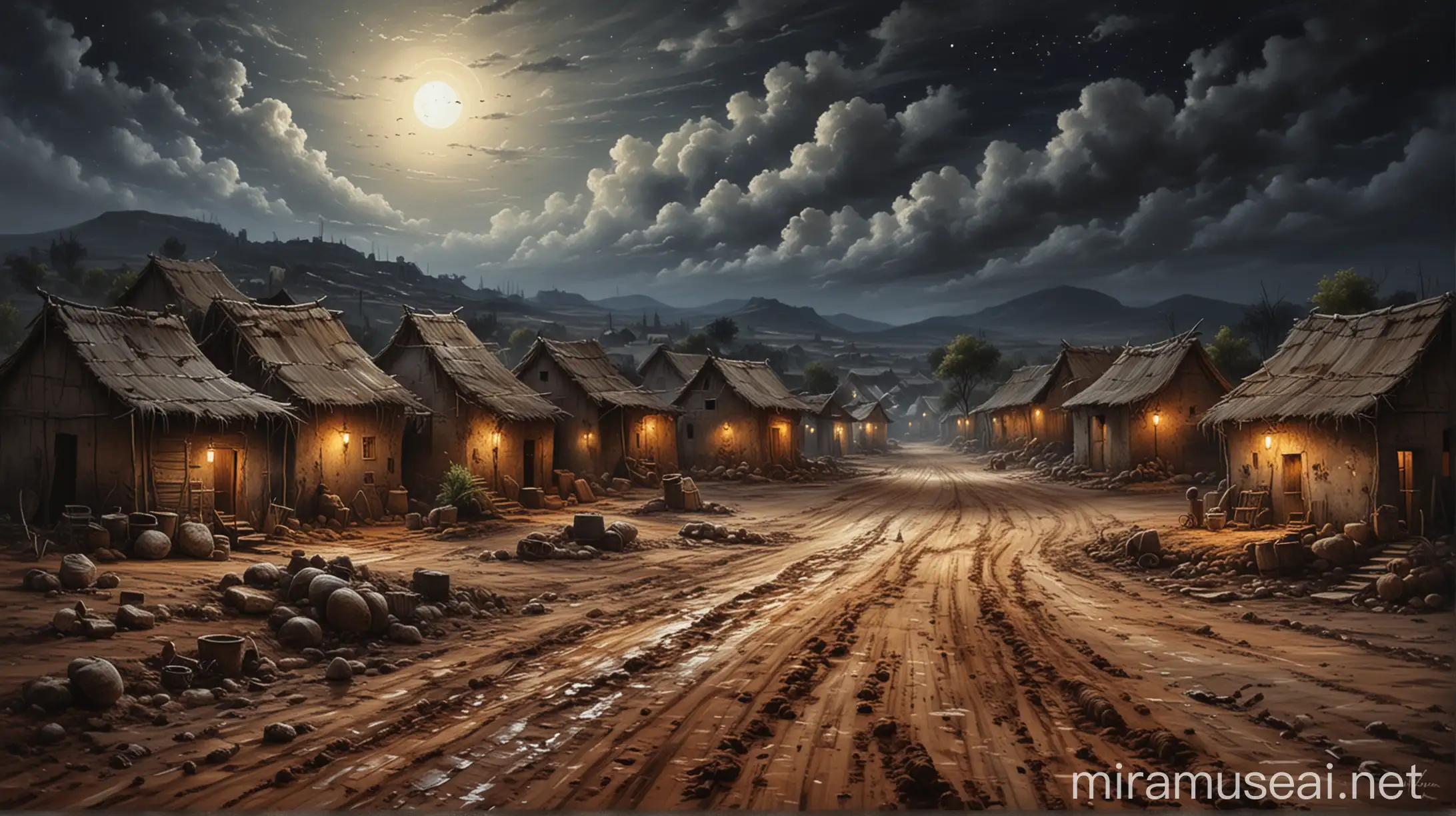 Rural Village at Night Serene Scene Depicted in Oil Painting