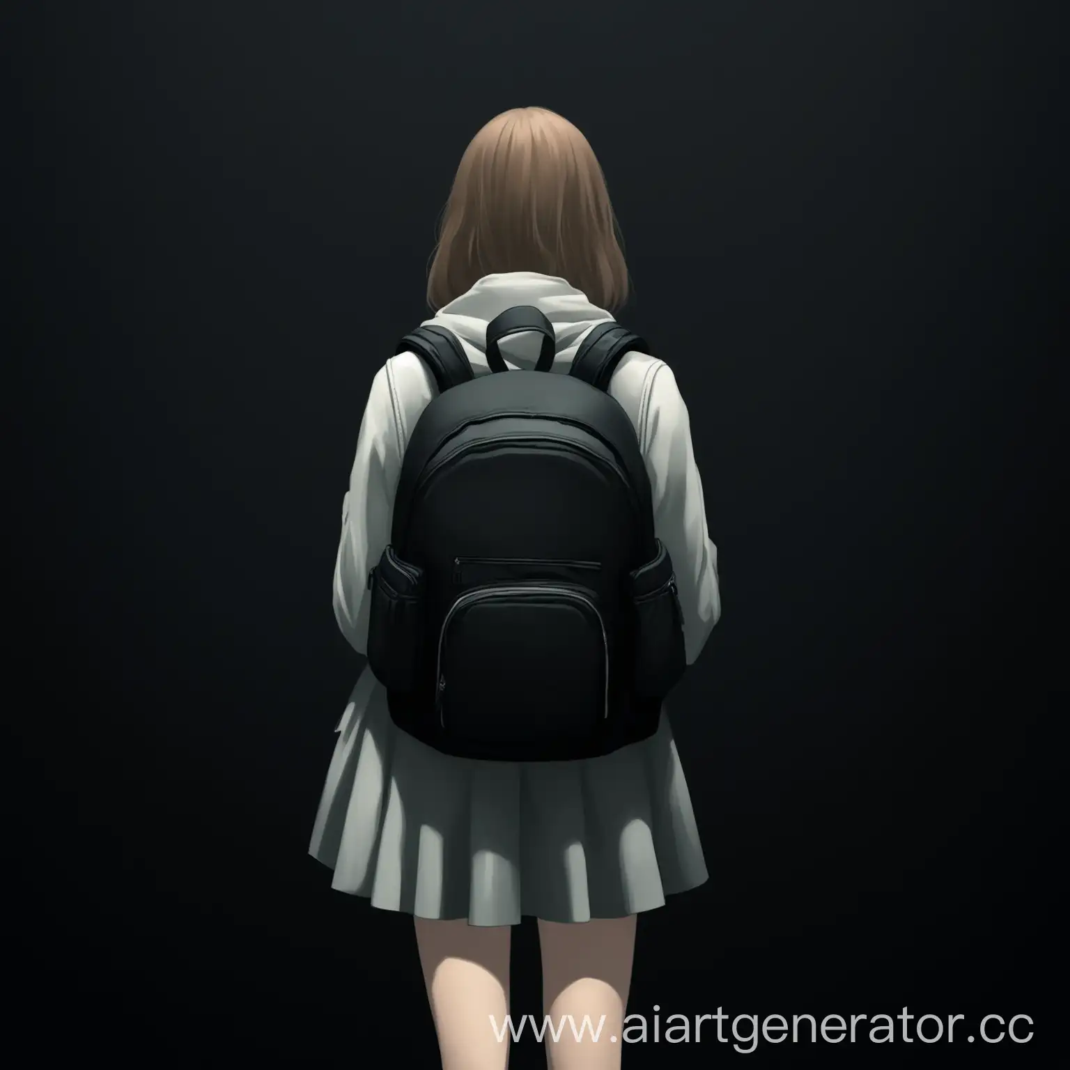 Девушка с рюкзаком стоит спиной, черный монотонный фон