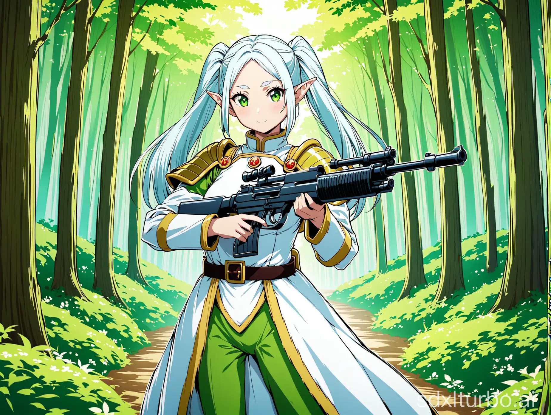 1girl,Frieren,elf,green eyes,white hair,twin tail,white samurai armor,holding a gun,in the forest