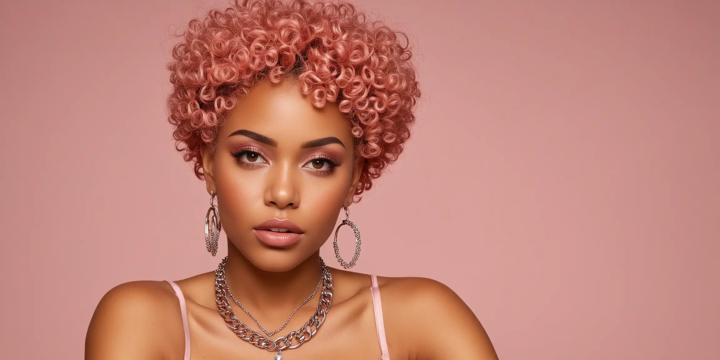 Sultry Woman with Short Pink Curls and Cuban Link Necklace