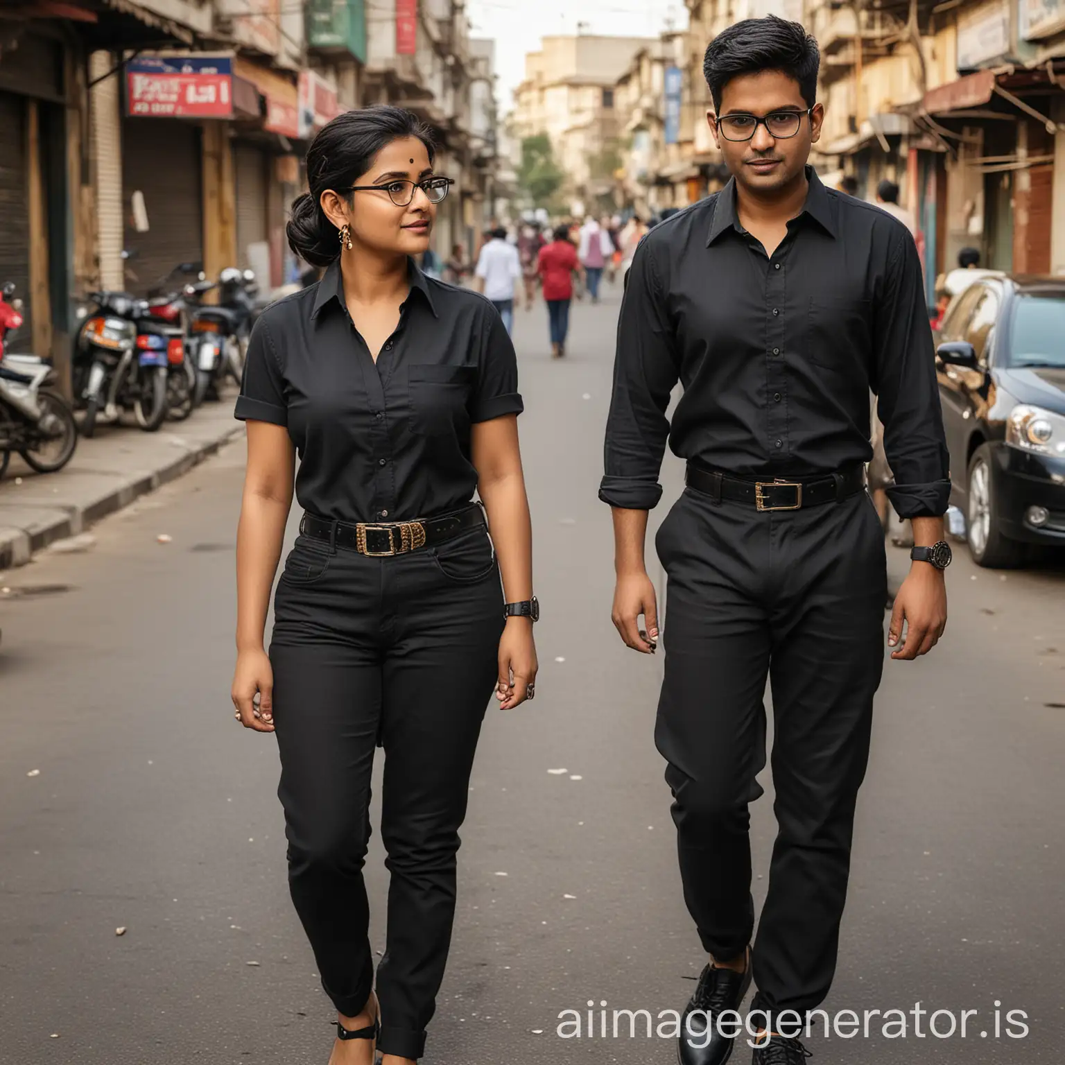 Indian women aged 20 to 25 years. short haircut wearing black glasses, watches, waist belts and black shirts and black pants, two earrings in their ears, Nupur has feet, watches, waist belts and black shirts and black pants, two earrings in their ears, walking on the street with her husband, husband and wife same dress. ,Smartphone Photography, Ultra Realistic, Aperture F 2.5, Golden Ratio.
