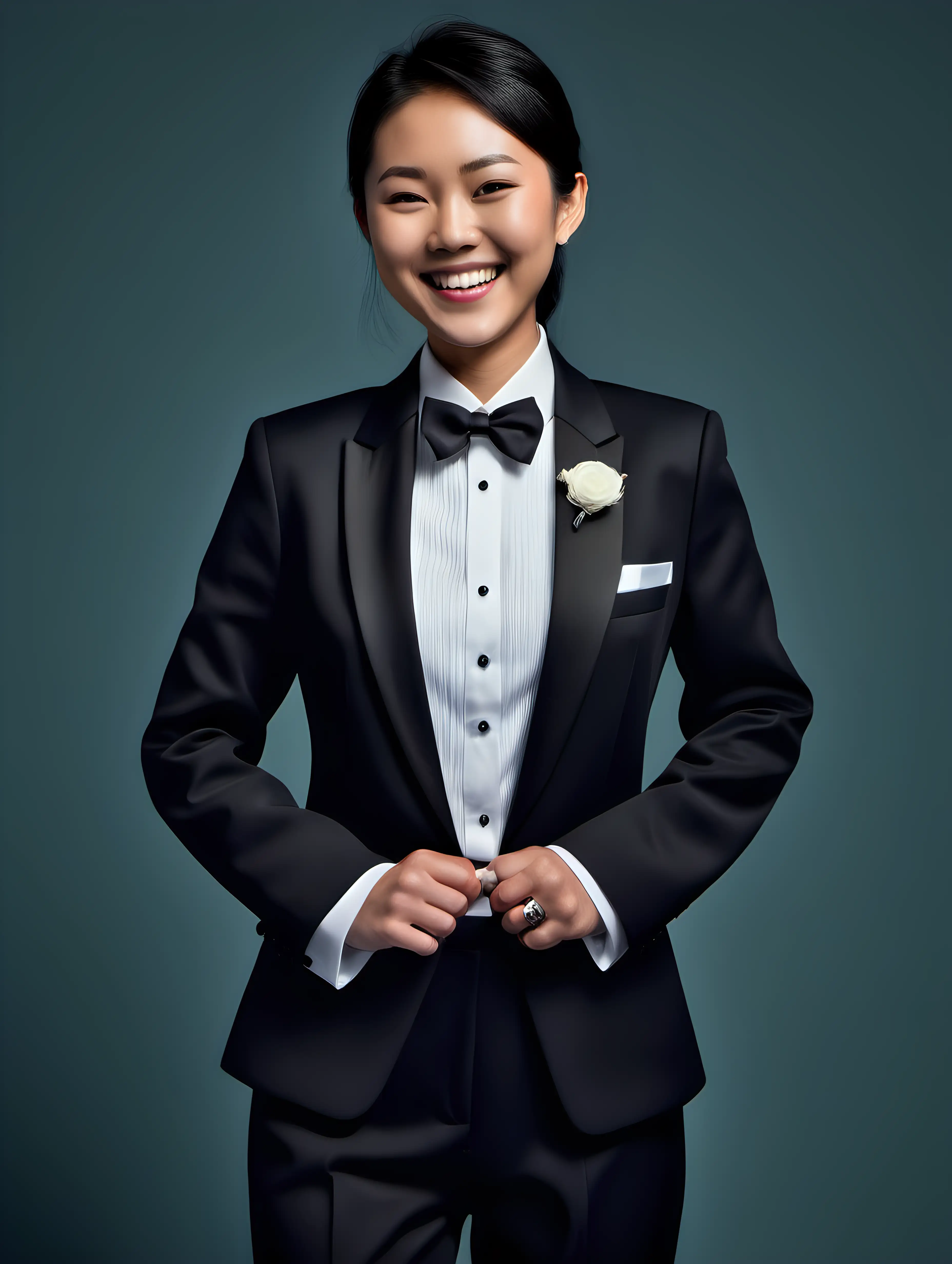 Smiling-Asian-Woman-in-Open-Tuxedo-Jacket-with-Cufflinks