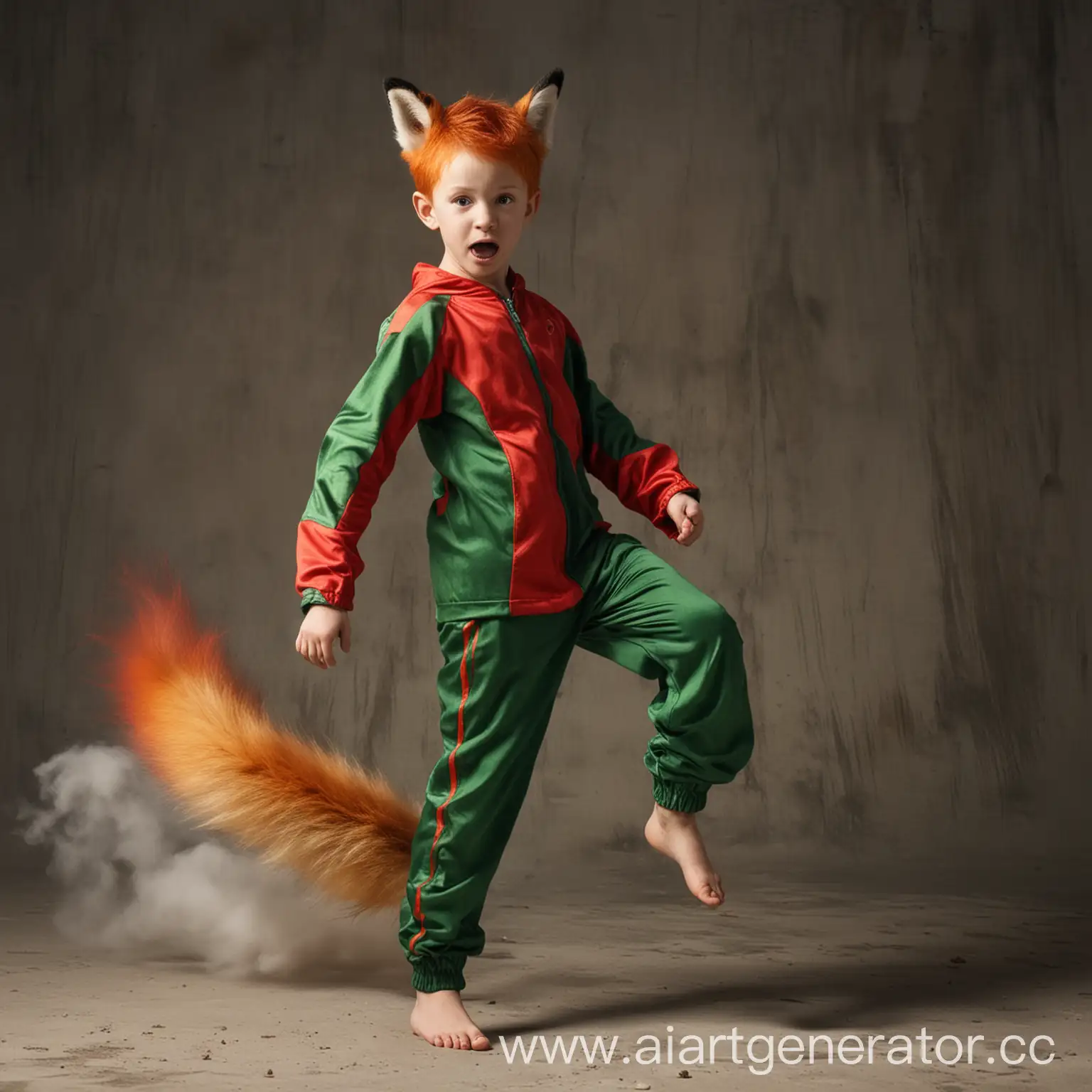 Мальчик с красными волосами ушами и хвостом лисы, в красно-зелёном спортивном костюме, босой, обладающий силами огня и земли