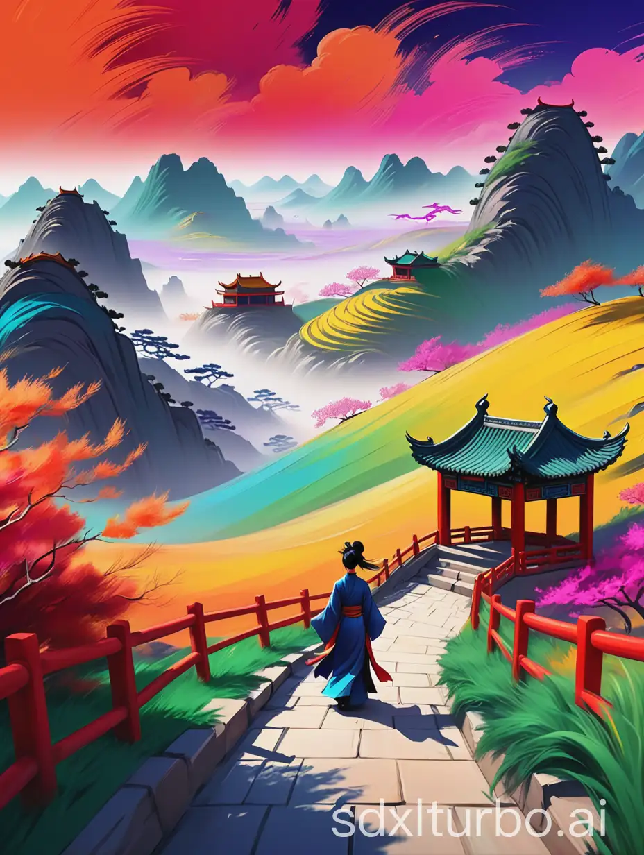 Generate a romantic landscape cover with a windy scene, focusing on the landscape, with vibrant colors, and a Chinese figure in the distance