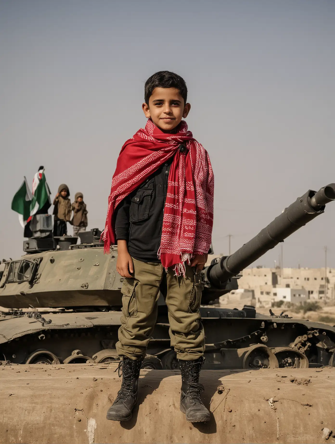 military Palestine kid wearing  red Saudi Shemagh in GAZA standing on a tank