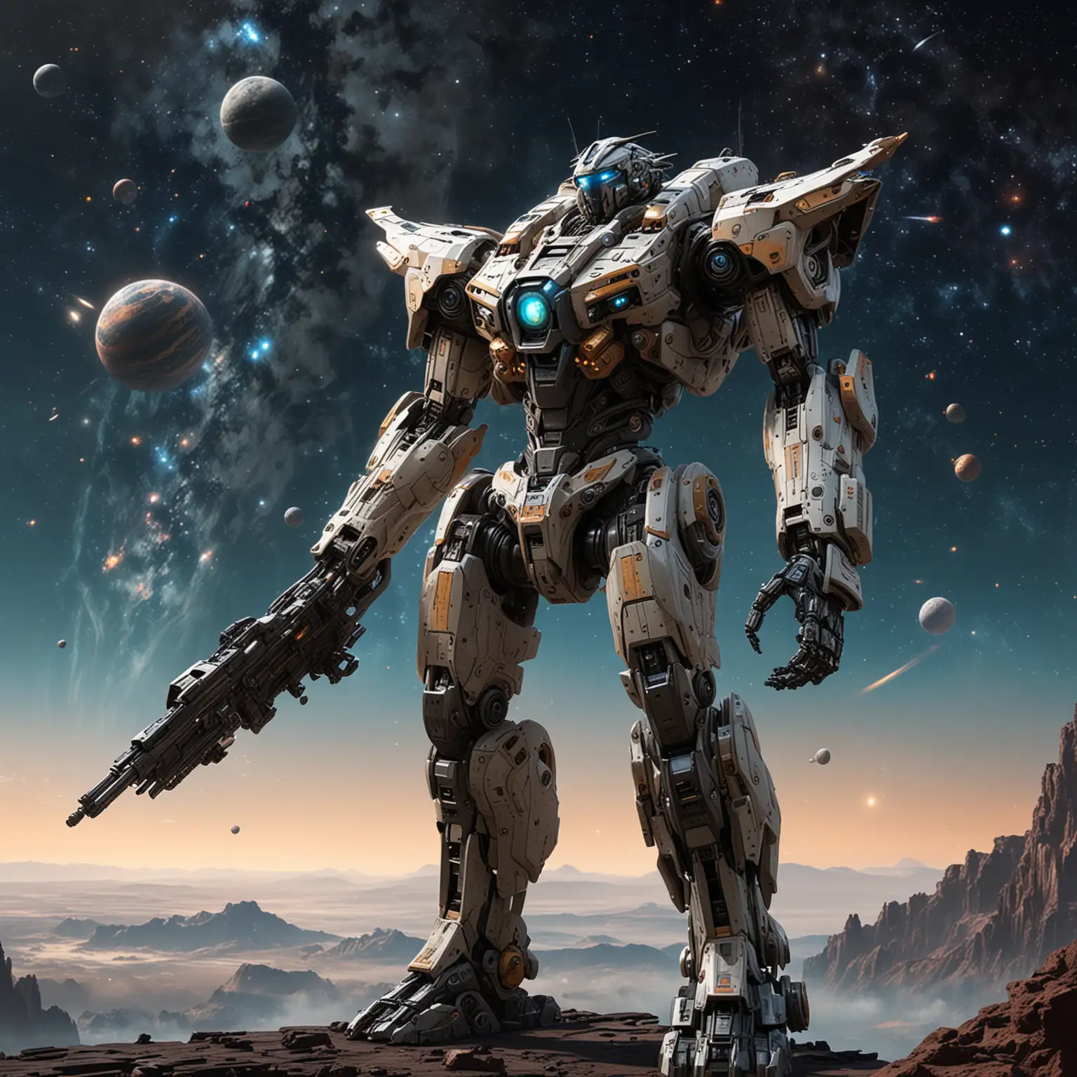 Huge industrial-style humanoid mecha are flying in the universe, with stars, nebulae and distant planets in the background.The overall design is sleek, modern, and sophisticated, with a strong sci-fi aesthetic.