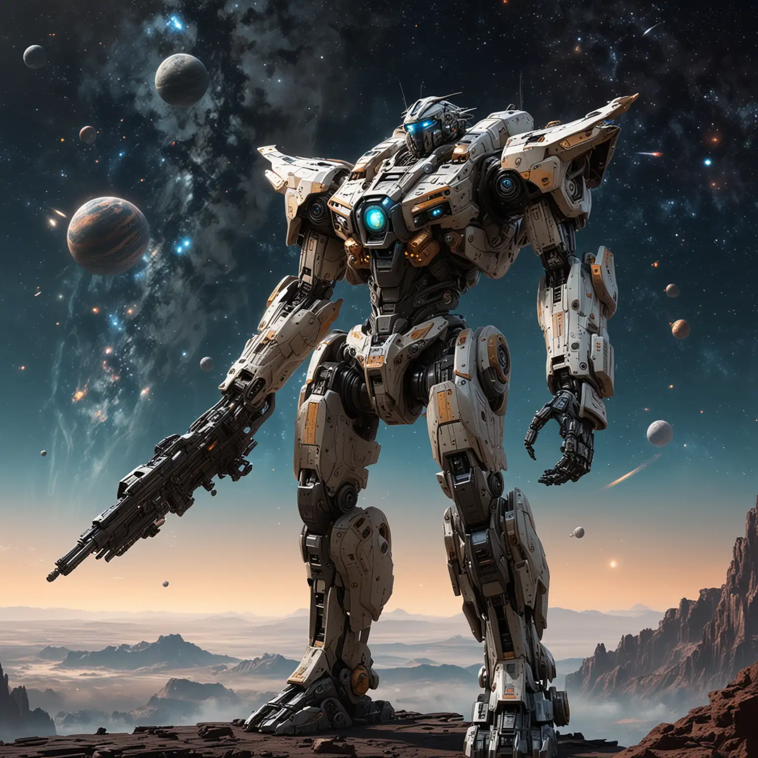 Sleek-IndustrialStyle-Humanoid-Mecha-Soaring-Amidst-Cosmic-Splendor