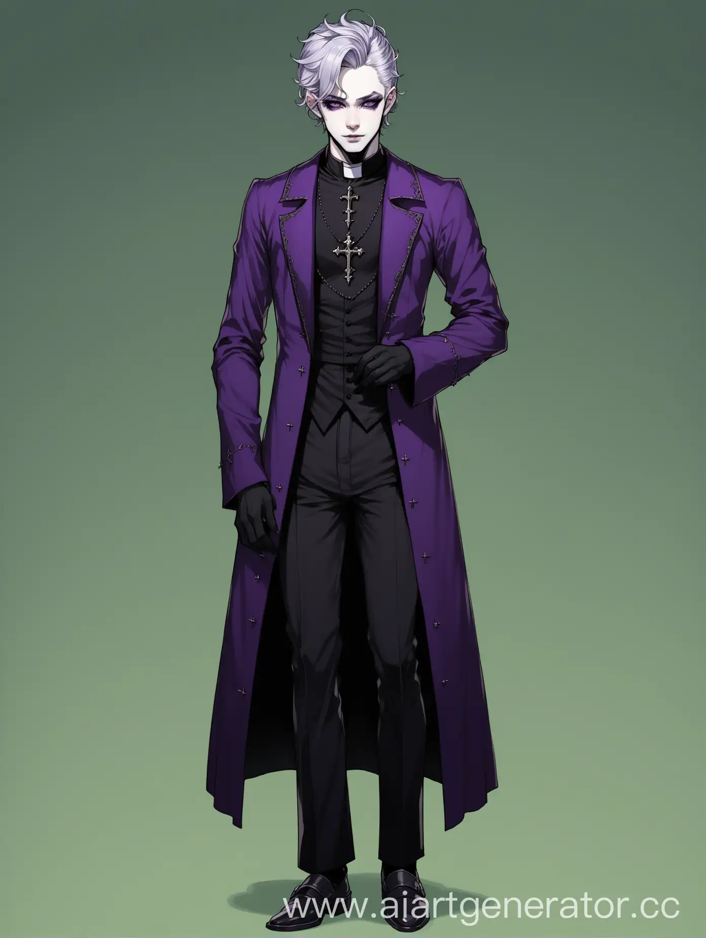 Unicorn man, satyr, pale skin, gray hair, Gothic Victorian style, Catholic priest, handsome, kind, purple and green shades, full height