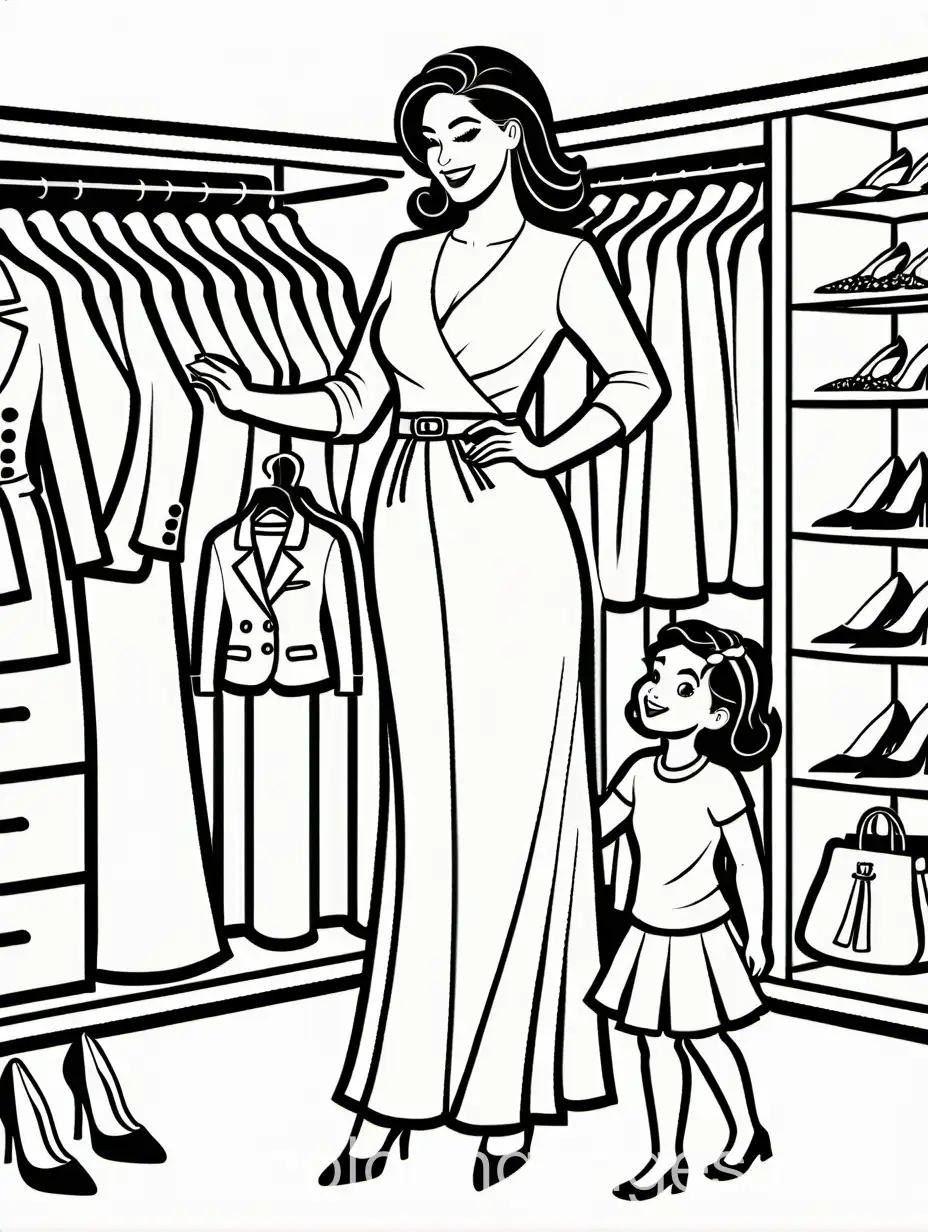 Depict a diva mother surrounded by her impressive wardrobe, filled with stylish clothing, shoes, and accessories. Show her having fun with her daughter by choosing the perfect attire and trying on new clothes., Coloring Page, black and white, line art, white background, Simplicity, Ample White Space. The background of the coloring page is plain white to make it easy for young children to color within the lines. The outlines of all the subjects are easy to distinguish, making it simple for kids to color without too much difficulty