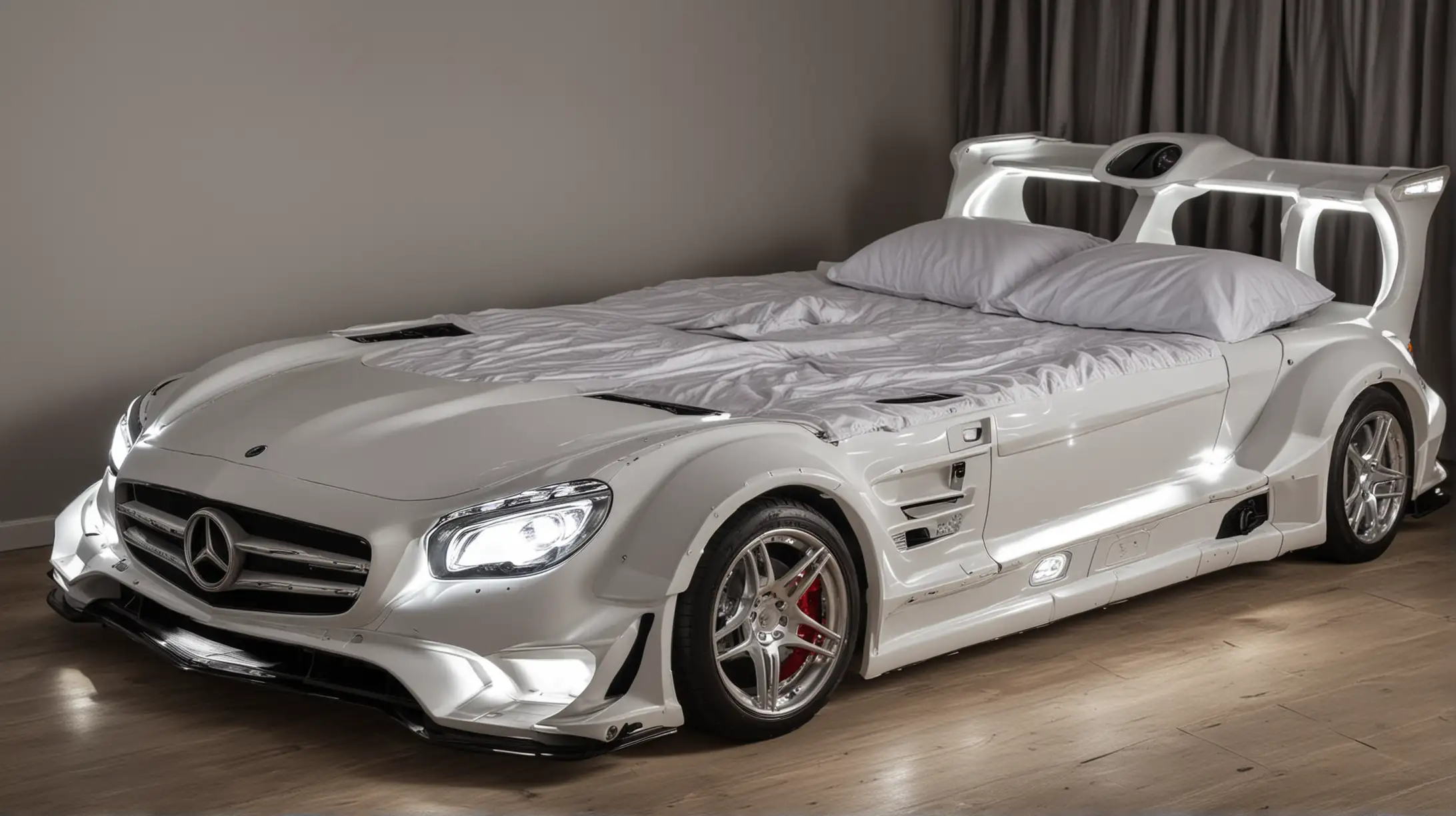 Double bed in the shape of a mersedes amg car with headlights on
