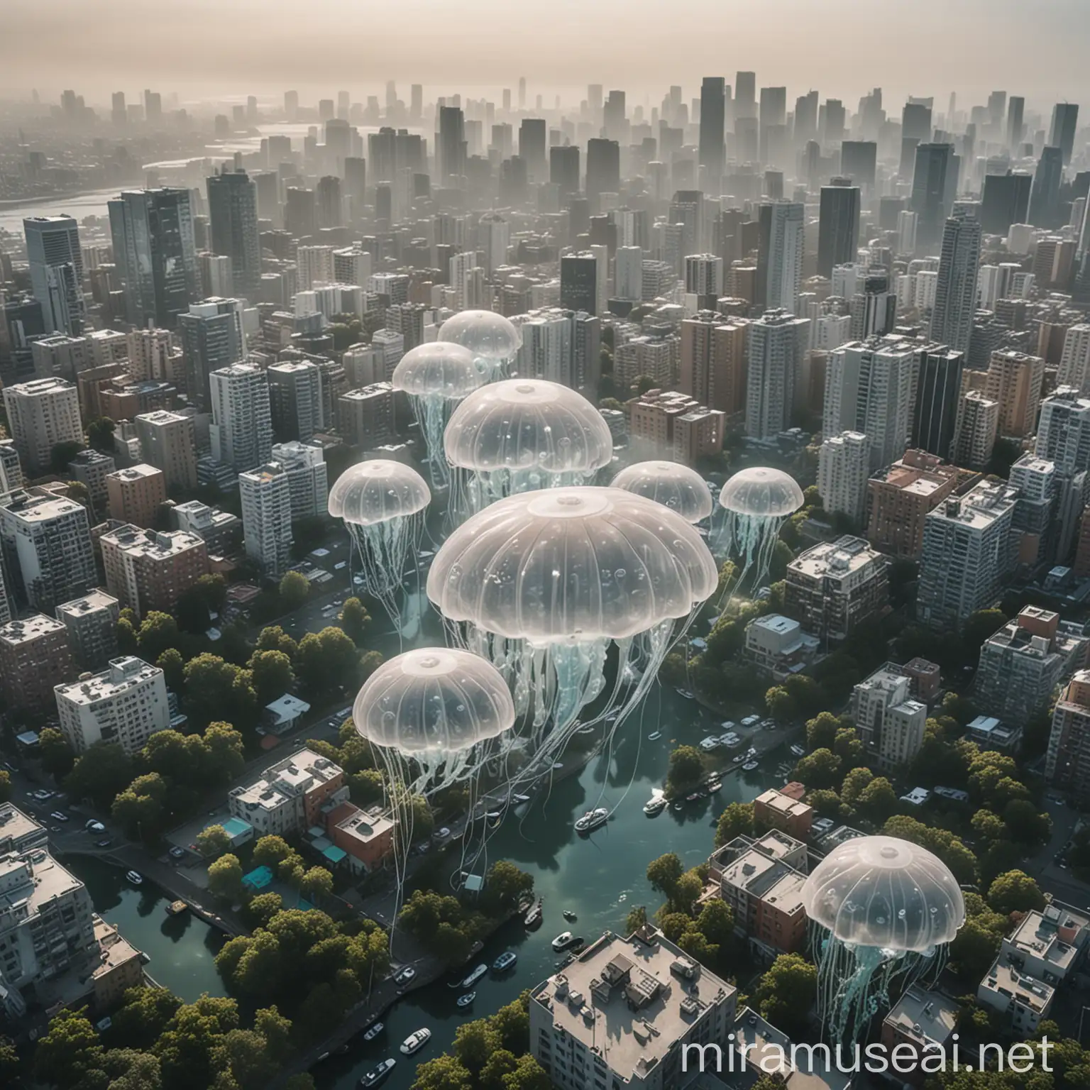 Una vista aérea de una ciudad con múltiples maquinas/drones en forma de medusas que purifican el aire flotando sobre los edificios. Las medusas tienen una estructura translúcida y luminosa, no son muy grandes y tienen tentáculos que se extienden suavemente mientras absorben smog y liberan oxígeno limpio. El cielo, previamente contaminado, comienza a aclararse. En el lado aclarado de la escena se ve un parque urbano con varias Medusas Purificadoras de Aire flotando entre los árboles. Los niños juegan y las familias disfrutan del aire fresco y limpio proporcionado por las medusas. El entorno natural y las medusas tecnológicas crean una escena de armonía entre naturaleza y tecnología. En el lado contaminado de la escena se ve todo mas gris.