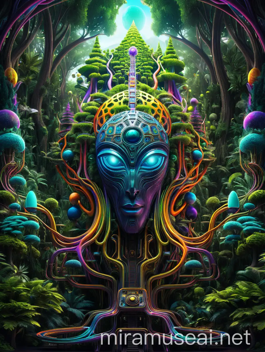Psychedelic higher Dimension world alien world 3d tress forest human machine parts engine 