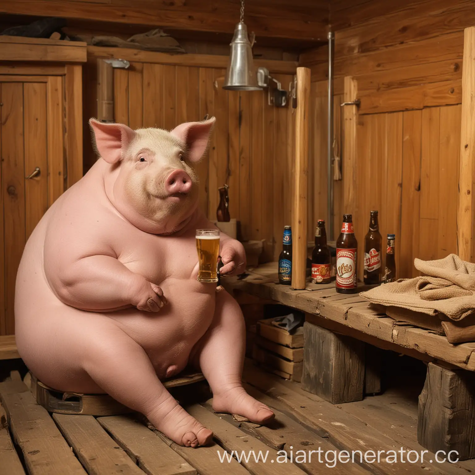 Chilled-Pig-in-Sauna-Enjoying-a-Beer-with-a-Man
