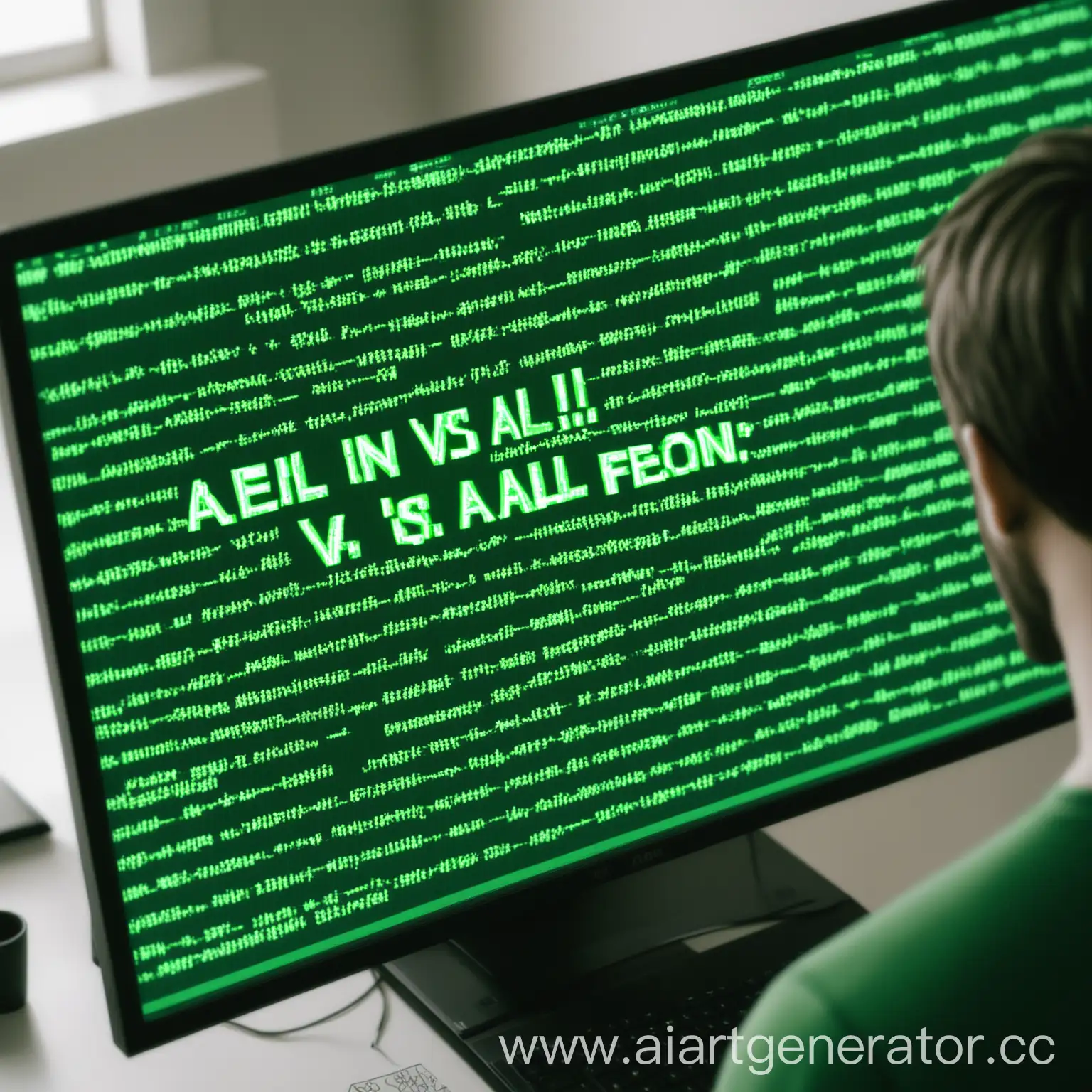 на экране компьютера написано vs all зеленым цветом и человек рядом с ним