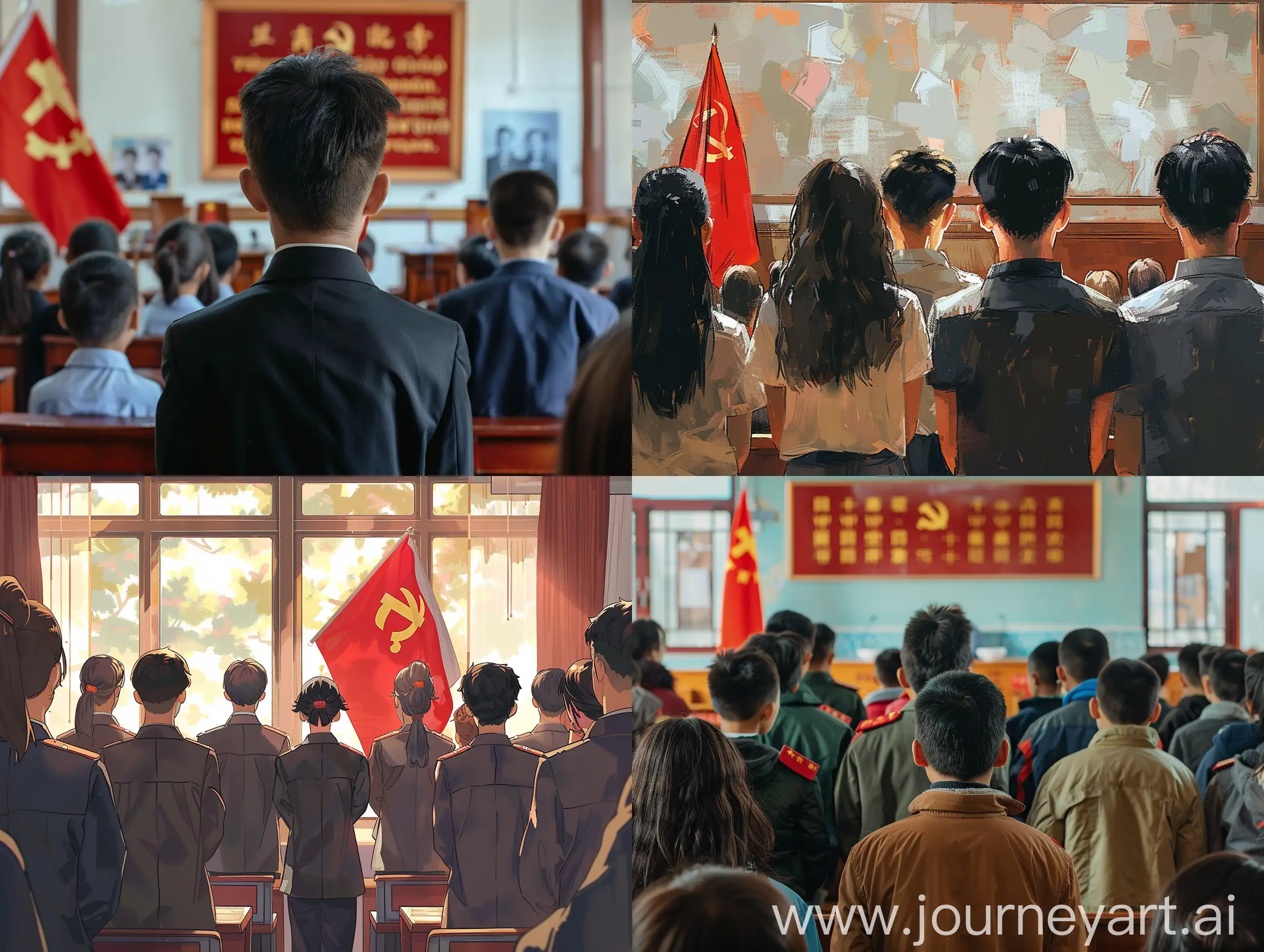 入团仪式重温，班级教室，学生背后视角，学生面对团旗和入团誓词进行宣誓