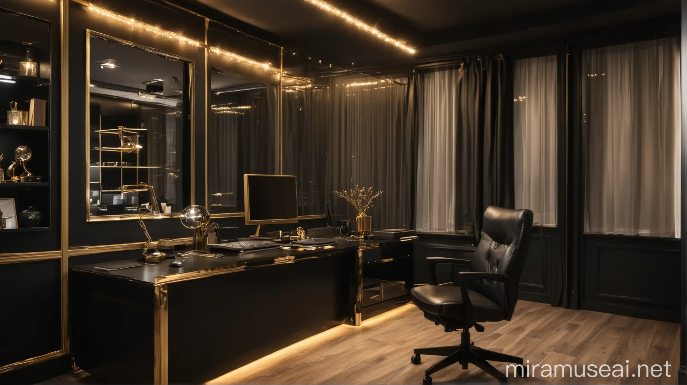 black and gold beautiful, small, personal luxury office room with led lights and windows from a close up macro bottom camera angle