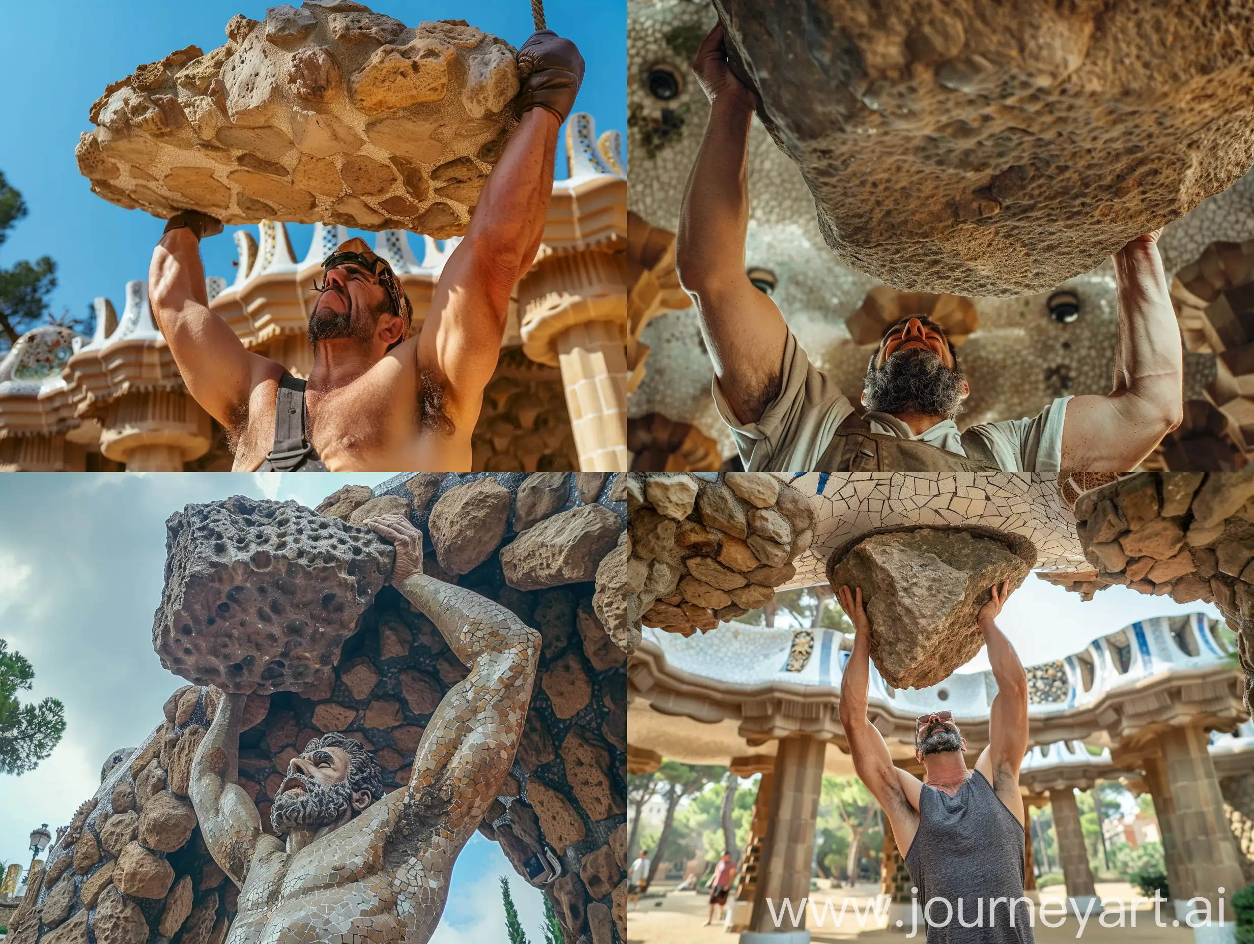 a sad strongman is lifting up a big stone in the Park Guell in Barcelona, wide angle, closeup, detailed