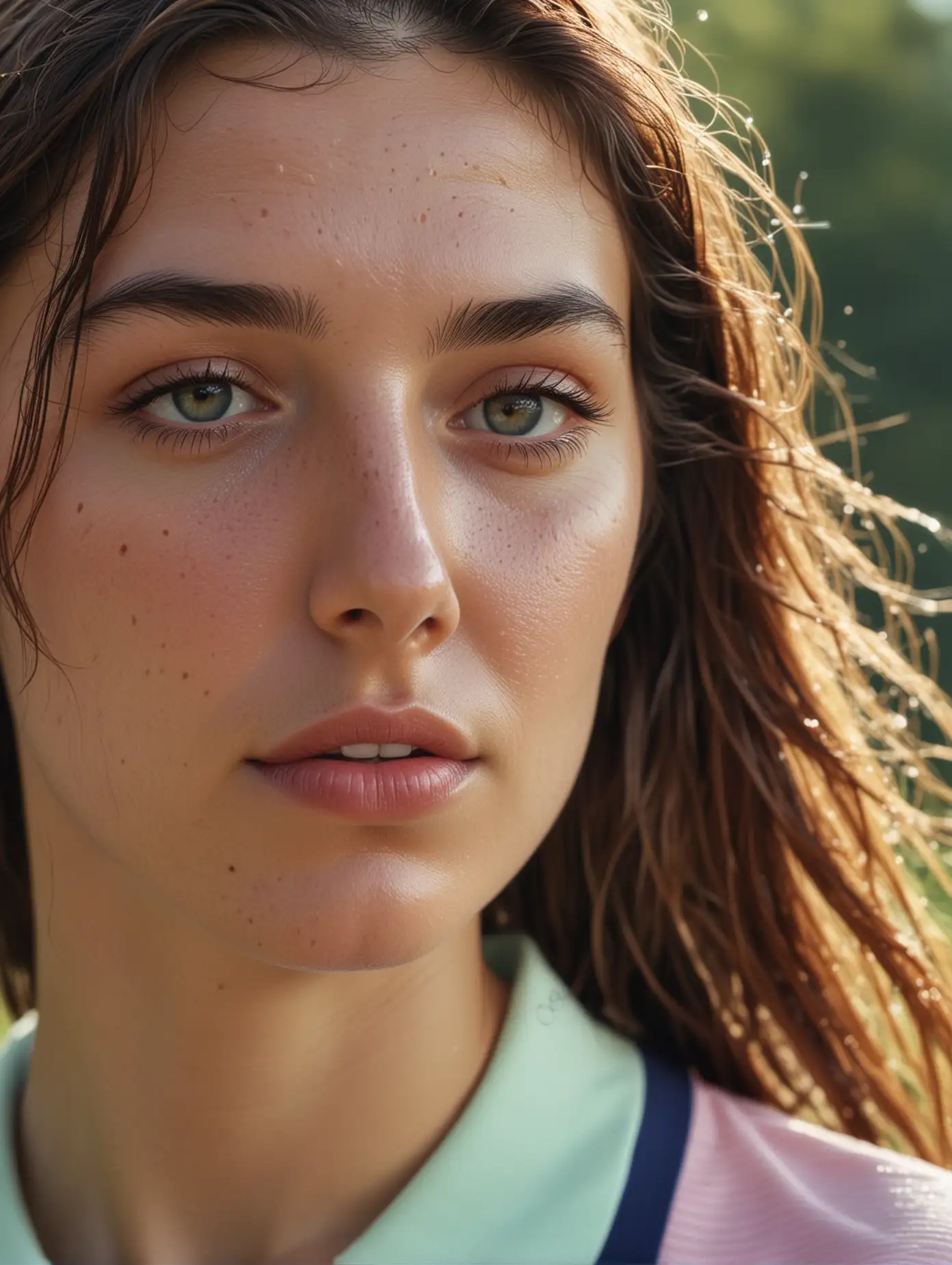 close up of beautiful natural woman, she is wearing lacoste colorful polo shirt, wet hair, a couple of freckels, outside, cinematic light, 8k, ultra realistic, logo is correct