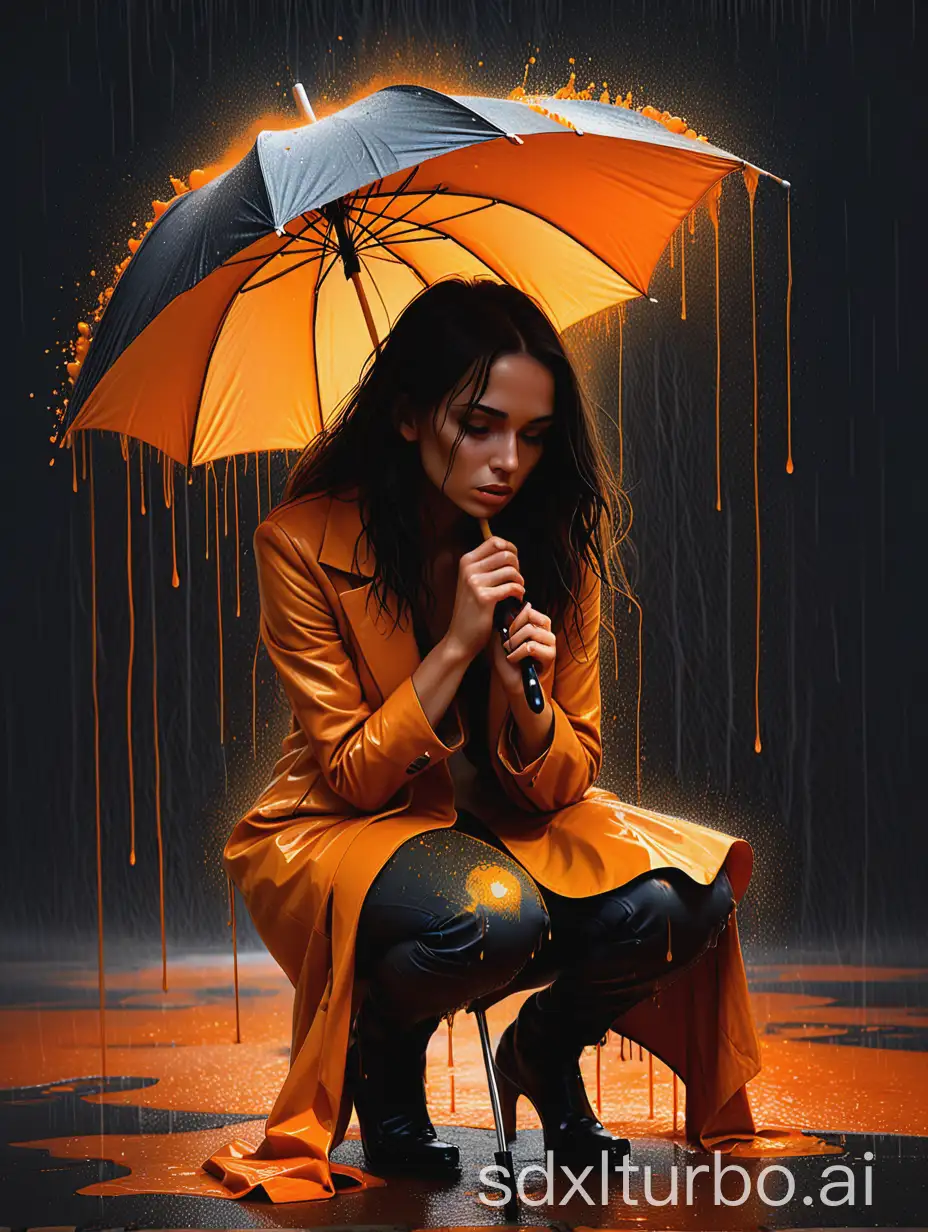 a stunningly detailed and evocative digital artwork! It features a woman crouched under a dripping umbrella, with the umbrella and background incorporating vivid bursts of orange and gold against a dark, moody backdrop. The contrast creates a striking visual effect, emphasizing a mix of beauty and perhaps underlying tension or melancholy in the scene. The woman’s attire and the ambient elements suggest a blend of realism with fantastical or symbolic overtones, making the image both captivating and thought-provoking.