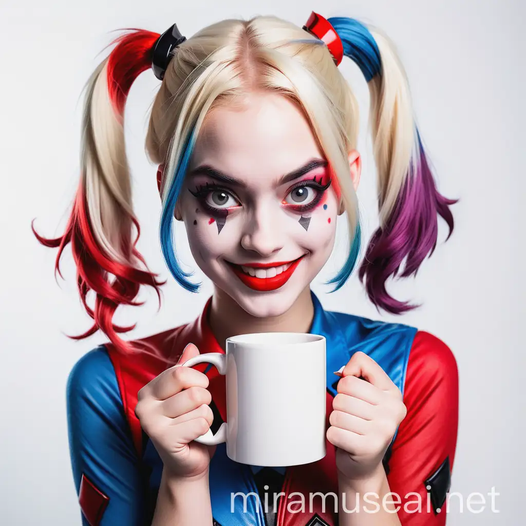 Beautiful Girl Cosplaying Harley Quinn Smiling with a White Mug
