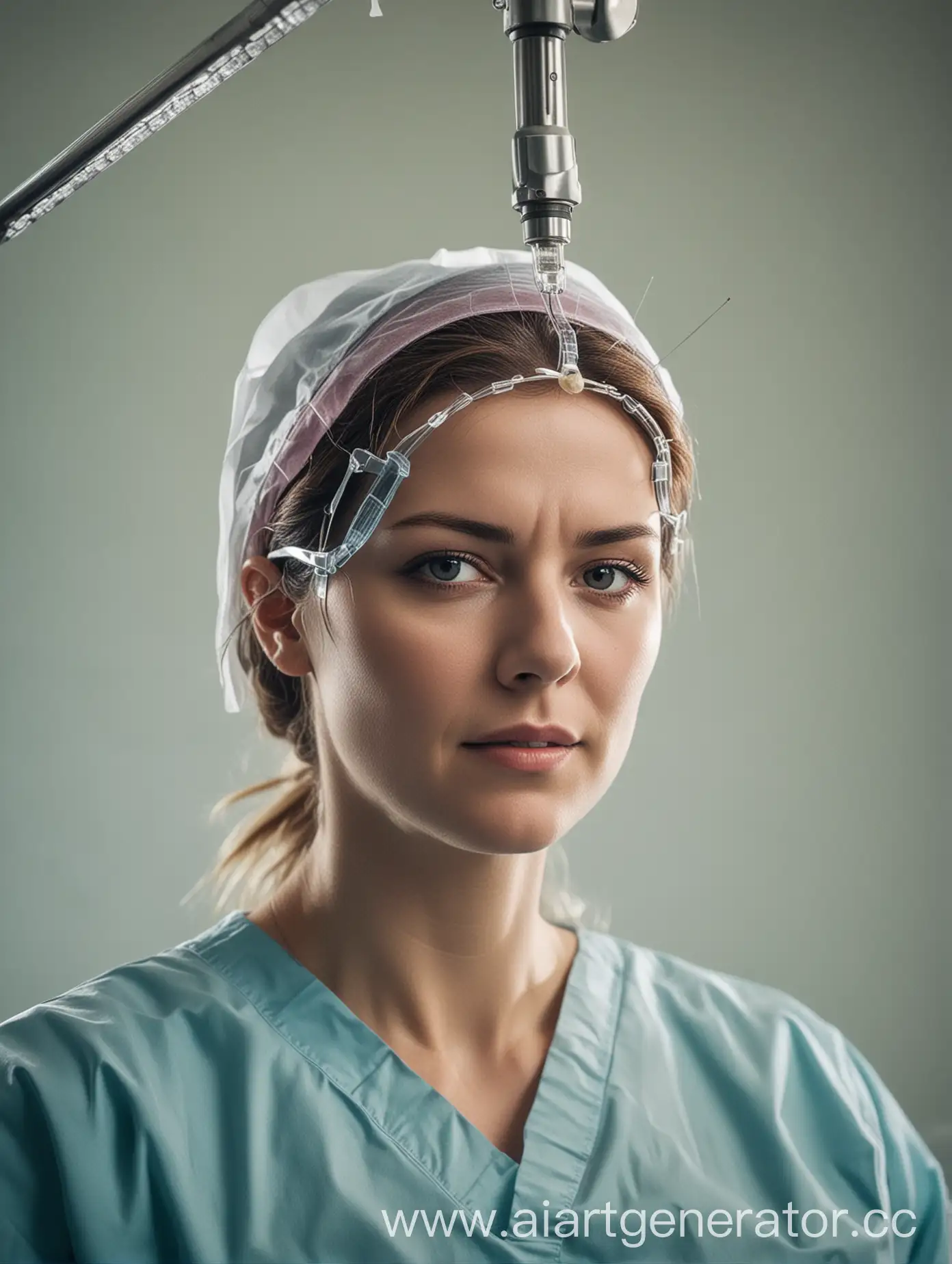 A female surgeon who is performing brain surgery