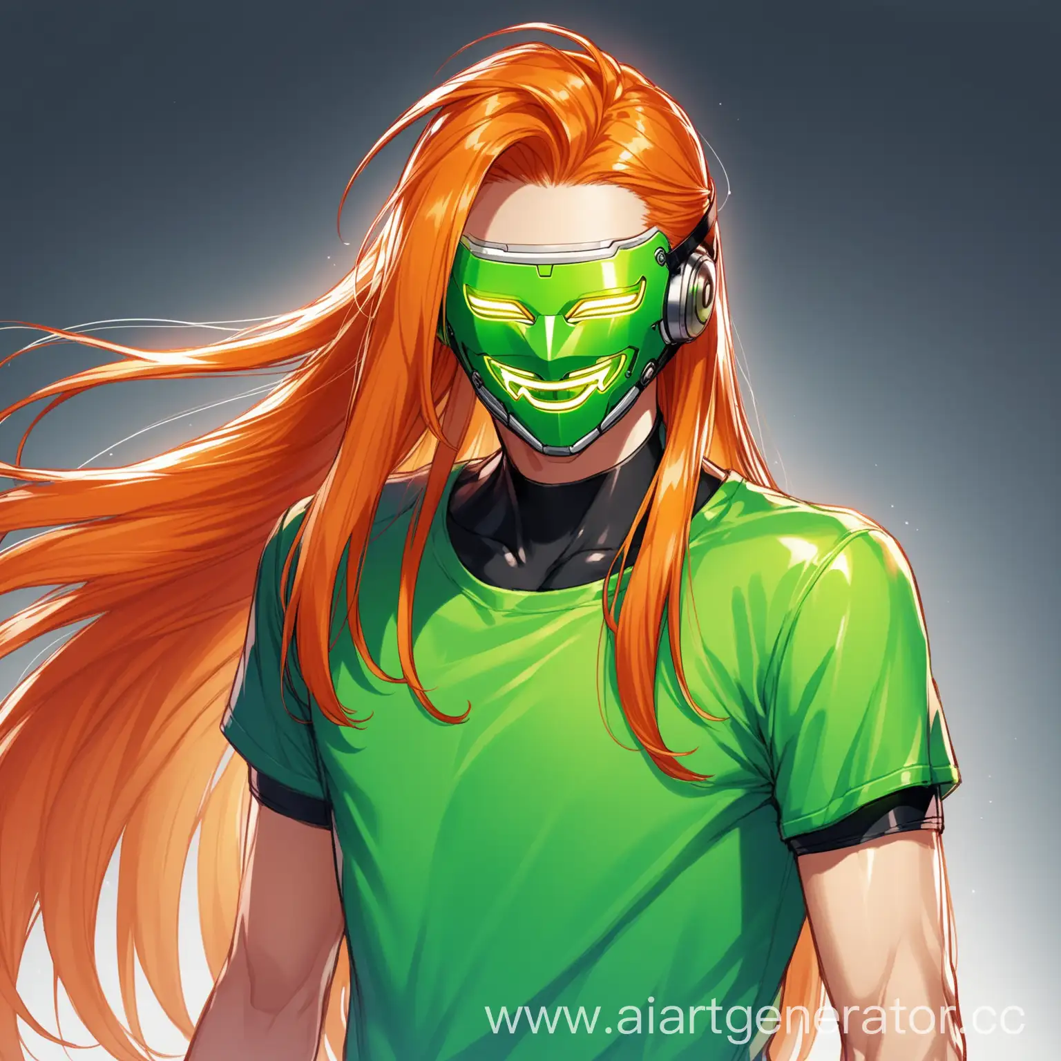 Android, ginger, male, teenager, cyber-mask, happy, trickster, long hair