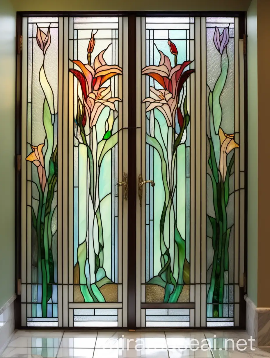 Art Deco Stained Glass Bathroom Door with Abstract Lines and Floral Motifs