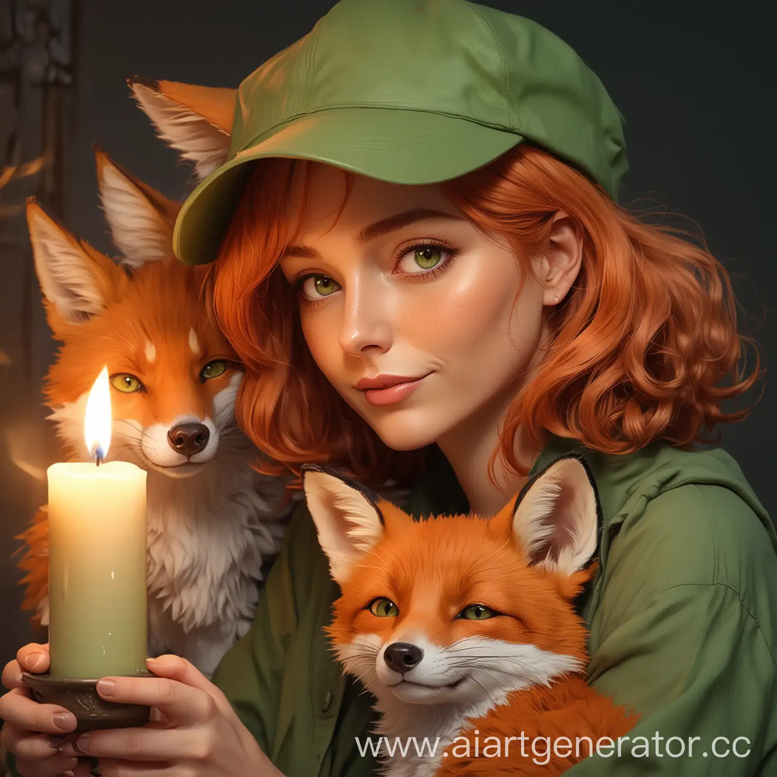 RedHaired-Woman-with-Fox-and-Candle-at-Dawn-Anime-Style-Artwork