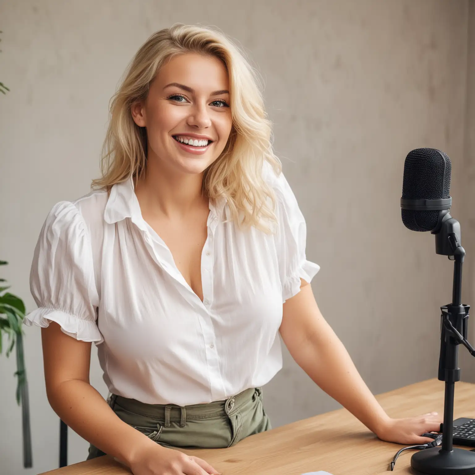 polish woman , blond hair smiling, large natural breasts, wearing a WHITE BLOUSE and shorts talking into a microphone on her desk

