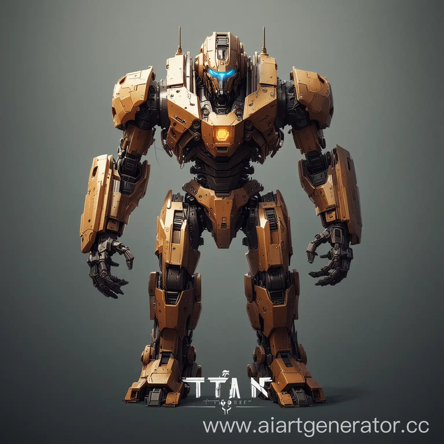 нарисуй логотип игры на котором будет изображён мех-робот в полный рост,минимализм,на заднем фоне будет надпись "Titan Core"