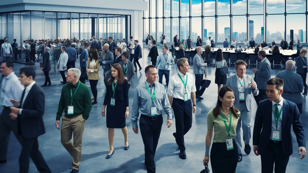 spacious corporate office  some people walking around staff wearing green lanyard


