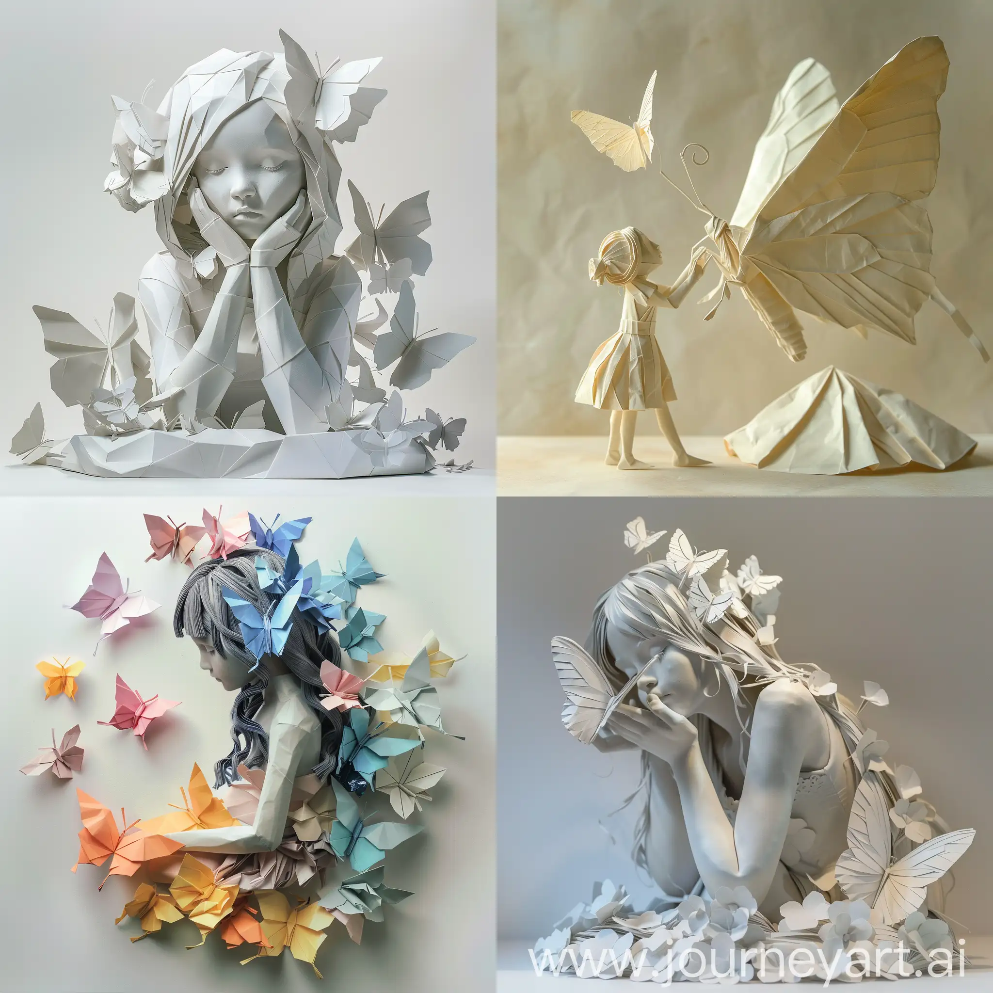 This series, "Girl and Butterfly," showcases the dreamlike interplay between girls and butterflies through origami sculptures, conveying symbols of innocence, transformation, and beauty.

Butterflies represent rebirth and the transcendence of the soul, girls symbolize purity and hope, while paper signifies the continuation of knowledge, art, and culture. Through exquisite origami techniques, the artist merges these elements to create serene and poetic scenes, evoking a deep contemplation of the fragility and beauty of life in the viewer.