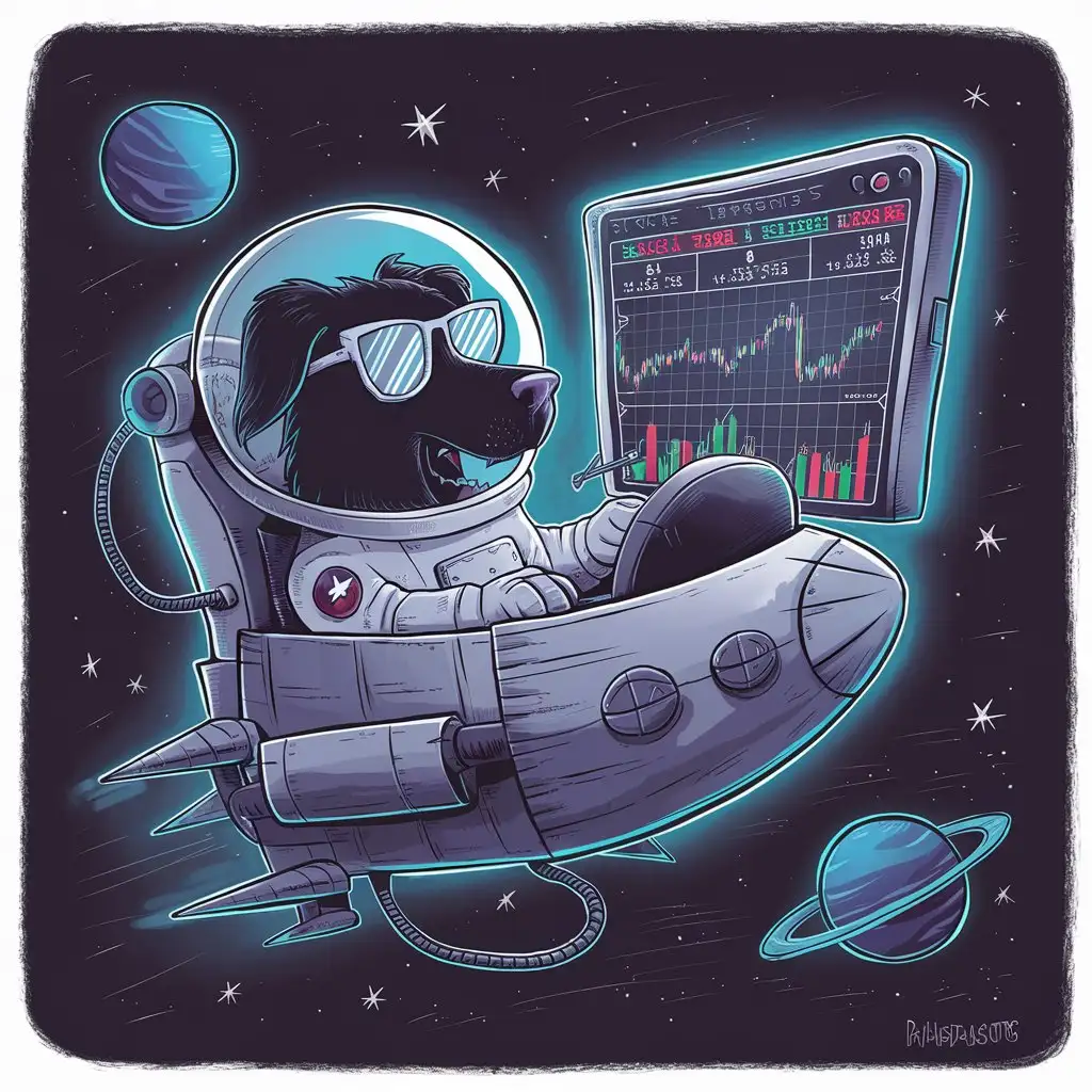 Cosmonaut-Dog-in-Space-Station-Monitoring-Stock-Exchange-Chart