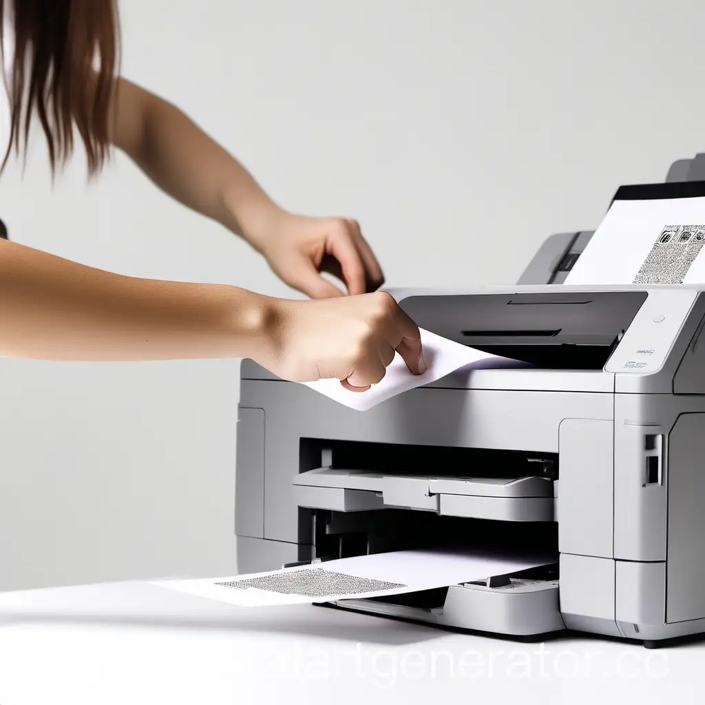 Girls-Hands-Printing-Papers-Office-Task-on-White-Background