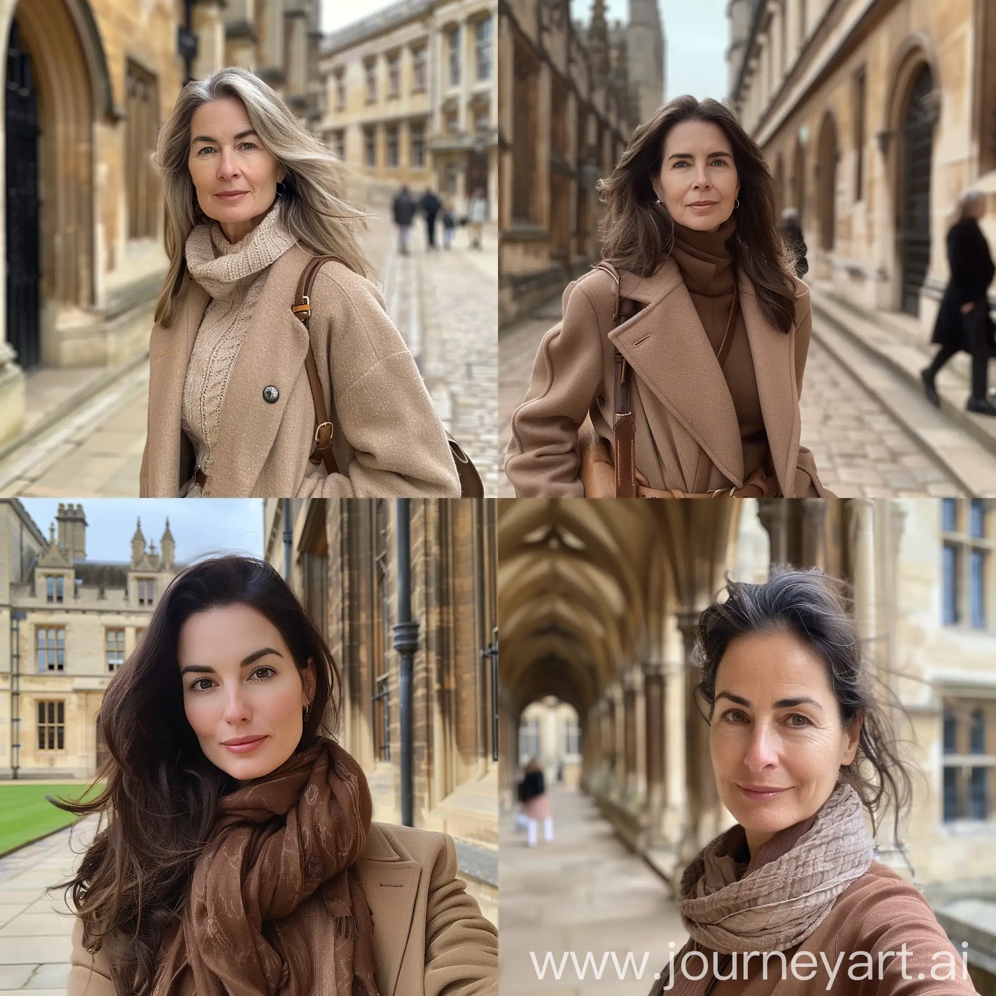 Aesthetic instagram selfie of a English professor at Oxford, woman, mid 40's, soft brown clothing color tones, halls of Oxford--ar 9:16