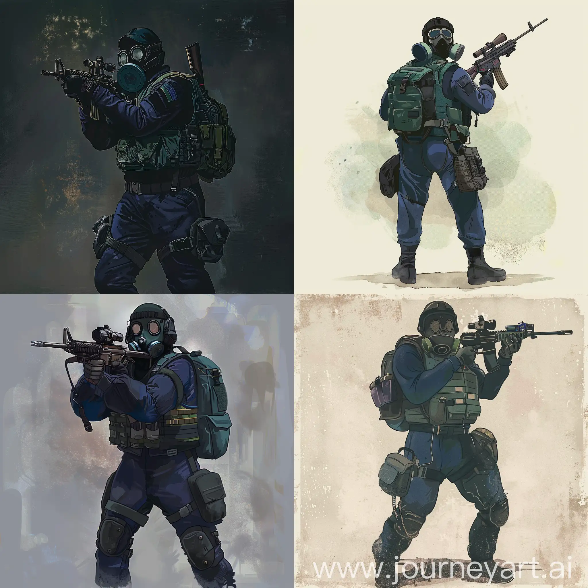 British SAS old school 1980 year concept art, gasmask, dark blue jumpsuit, military vest, sniper rifle in the hands, small military backpack on the back.
