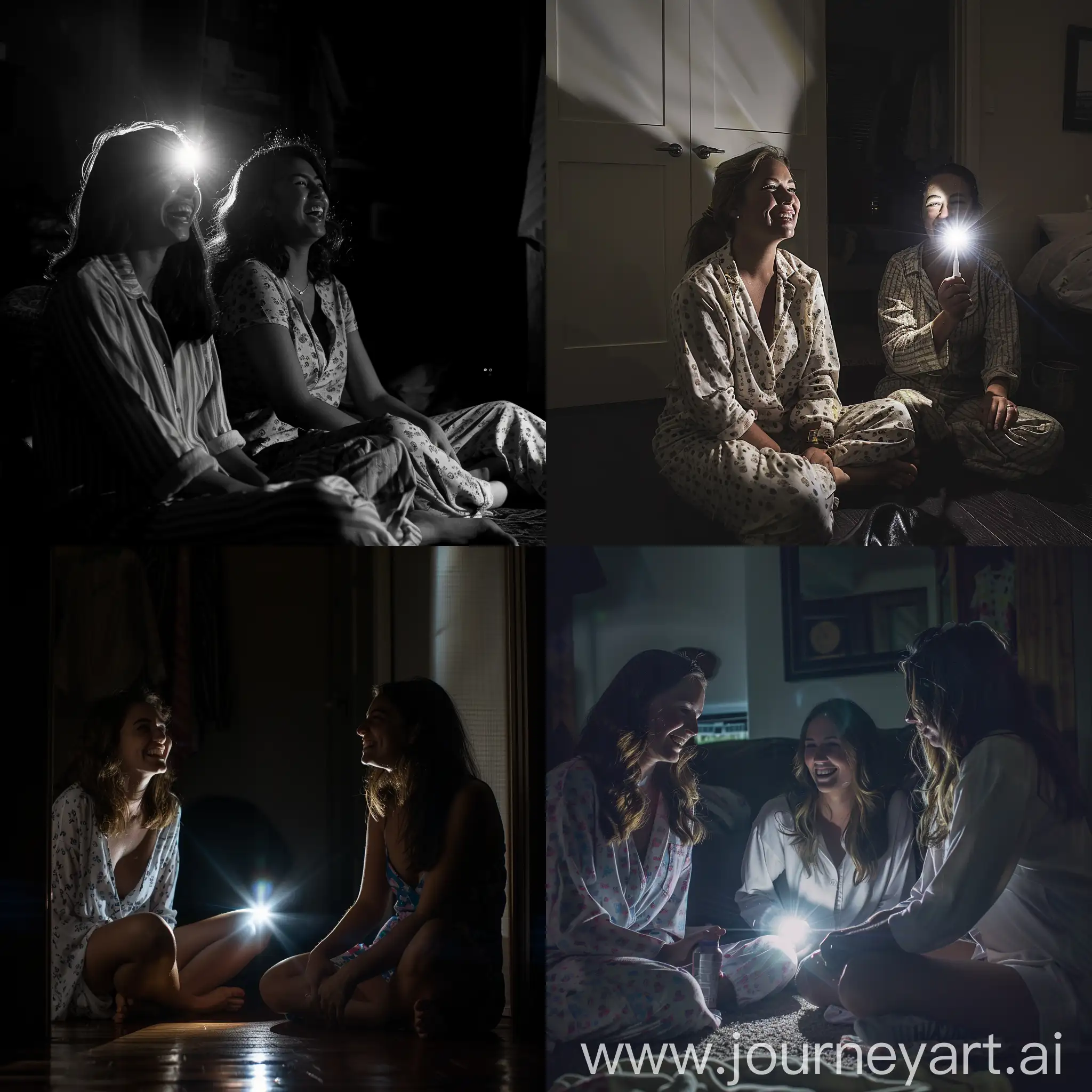 mulheres  sentadas no chão, smilling,  flash, flash light, pijamas party, at night, luz apagada, ambiente escuro, 