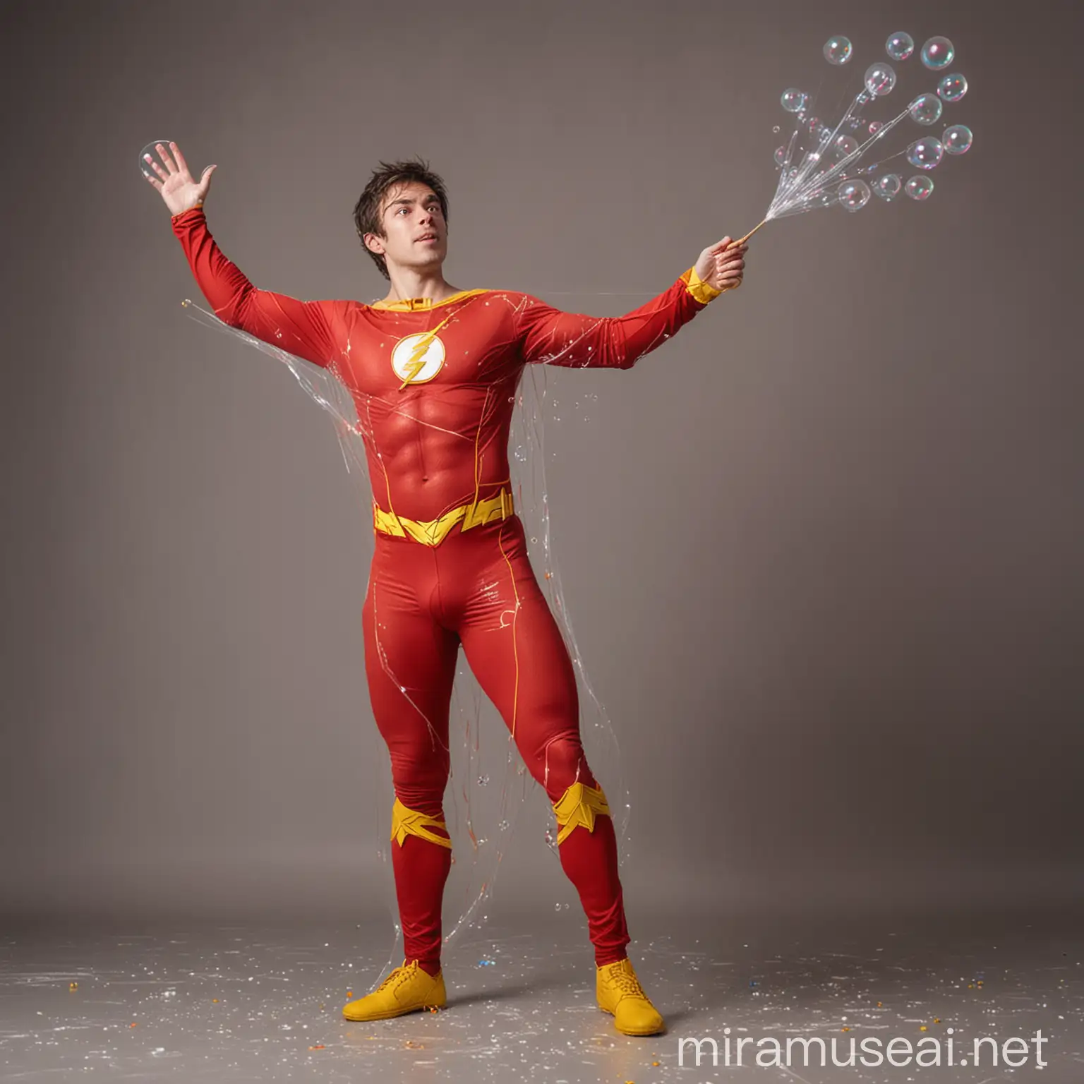 side view full body man, dressed up as the flash making soap bubbles. Arms raised, holding sticks with string 