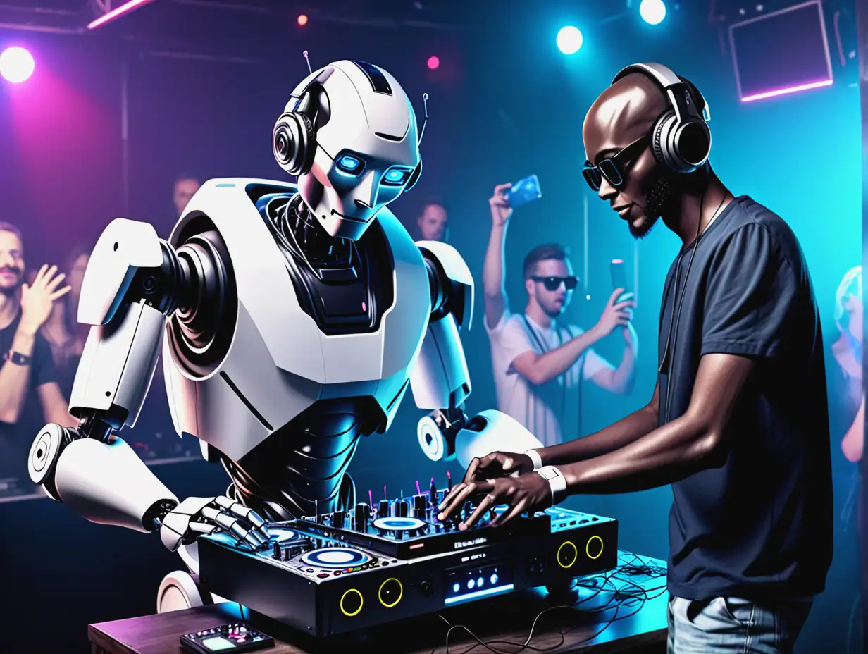 Robot DJ and Human DJ Mixing Music in Nightclub