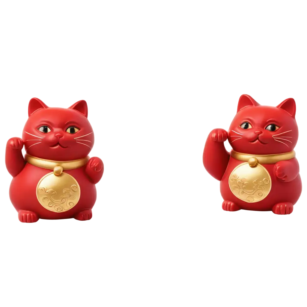 A red maneki neko cat fat, funny, big head, smiling eyes
