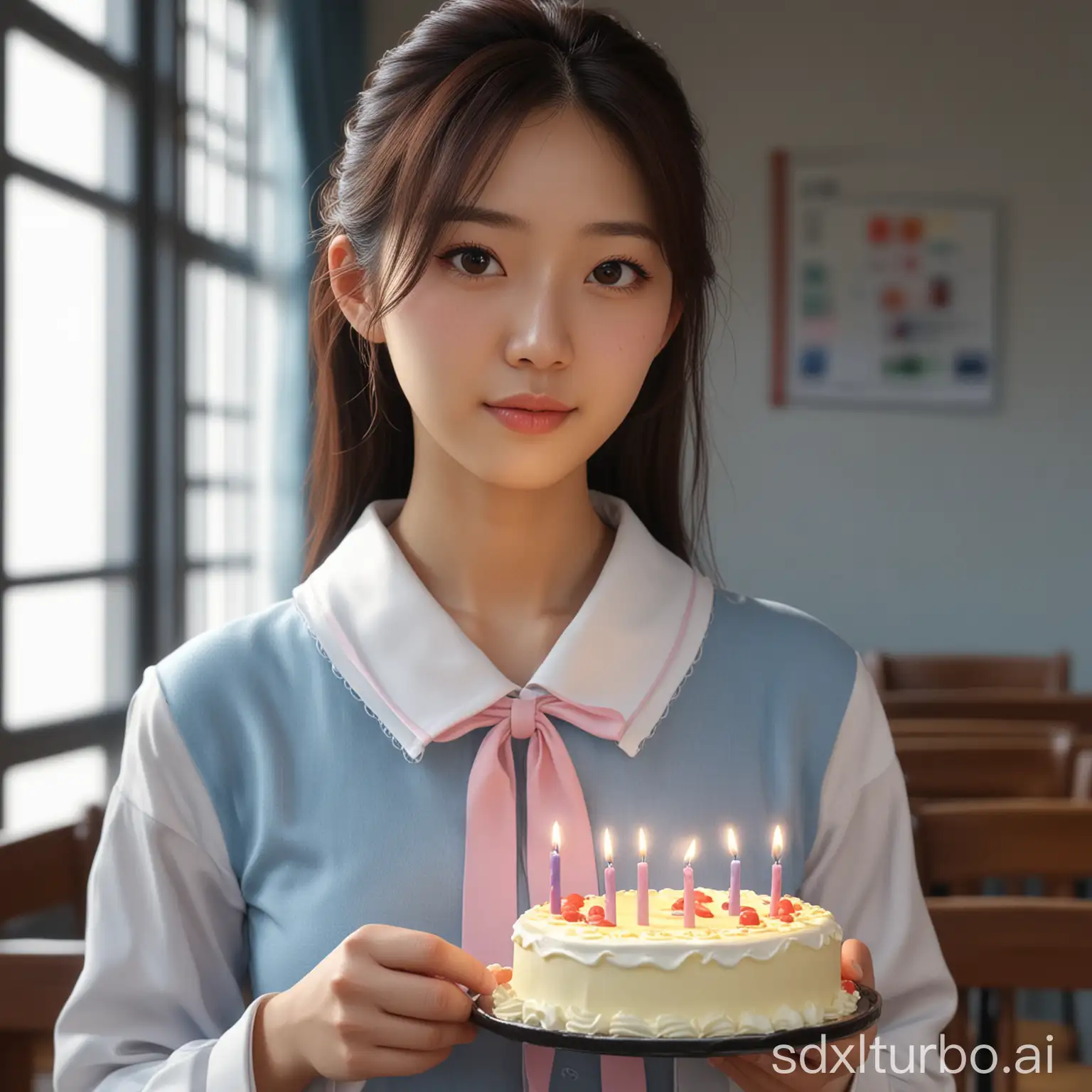young korean girl, very small breast, student clothes,  birthday cake in hand, in public, school, realistic, masterpiece, raytraced