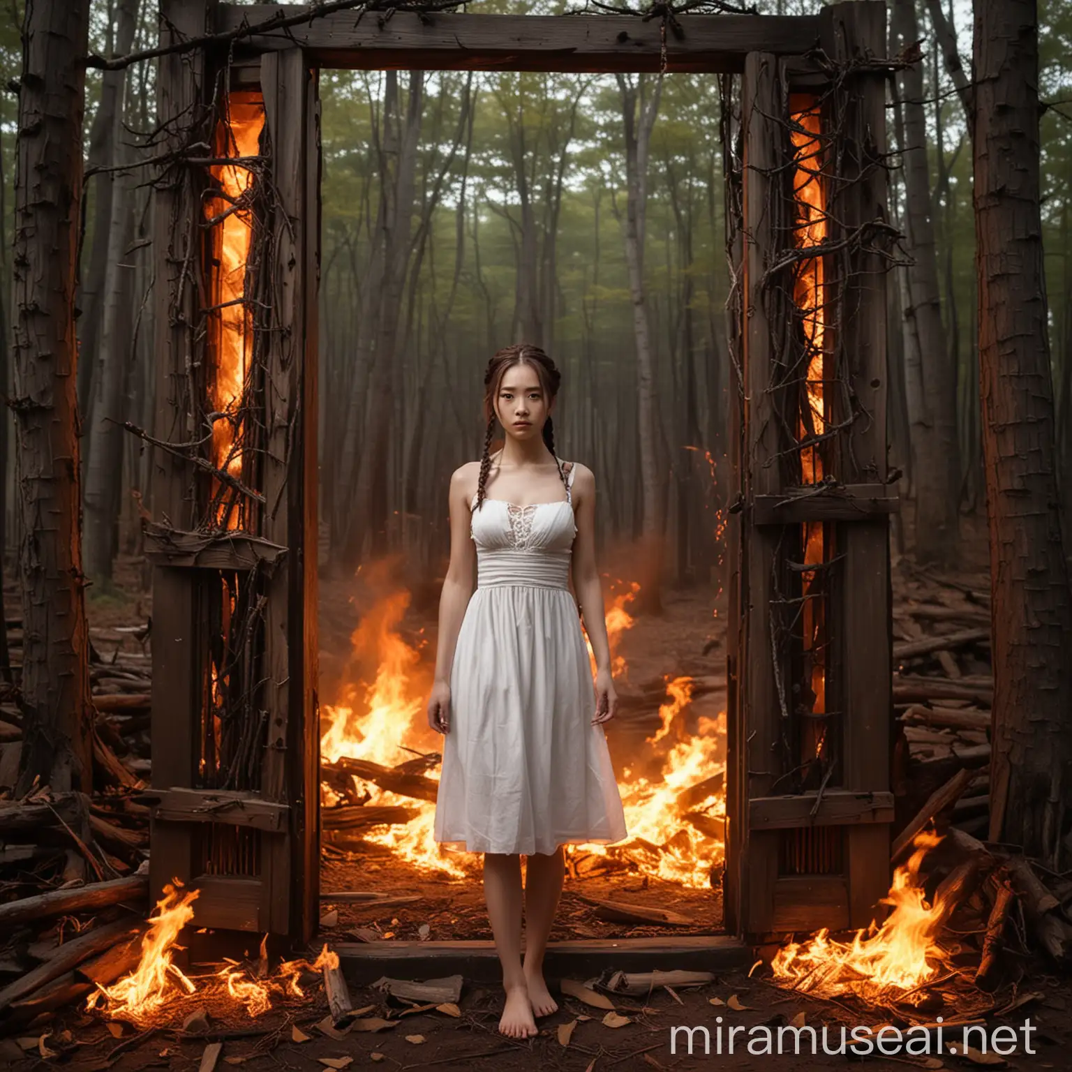 Mystical Korean Woman Stands Before Engulfed Wooden Door in Fiery Forest