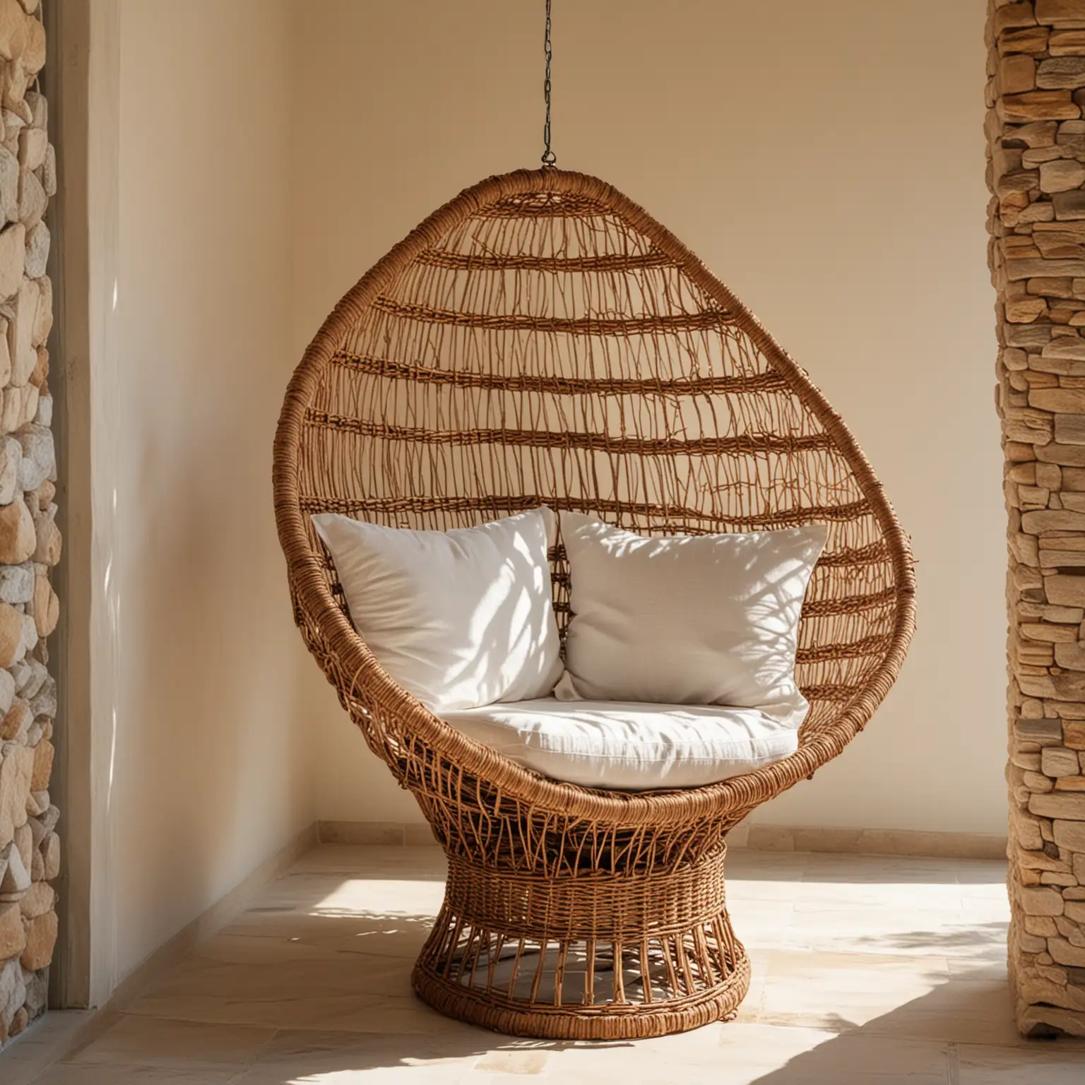 a luxury Villa in the Meditteranean Sea showing a close up of a wicker chair wih a wicker lampshade hanging above it