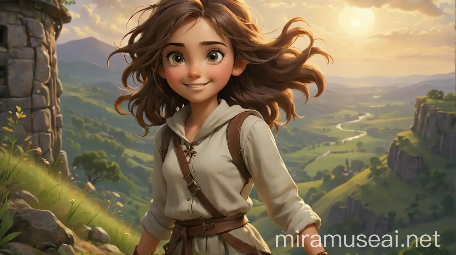 Aria, a young girl with bright, inquisitive eyes and a friendly smile. She wears simple yet practical clothing suitable for adventure—a light tunic, sturdy pants, and worn leather boots. Her hair is loosely tied back, hinting at her carefree .Aria stands on the hill, the enchanted compass glowing softly in her hand